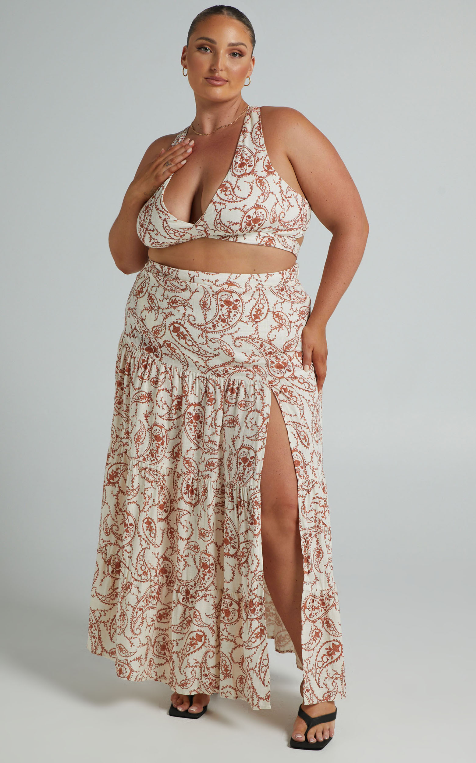 Delima two piece top and skirt set in Chocolate Paisley - 04, WHT2, hi-res image number null