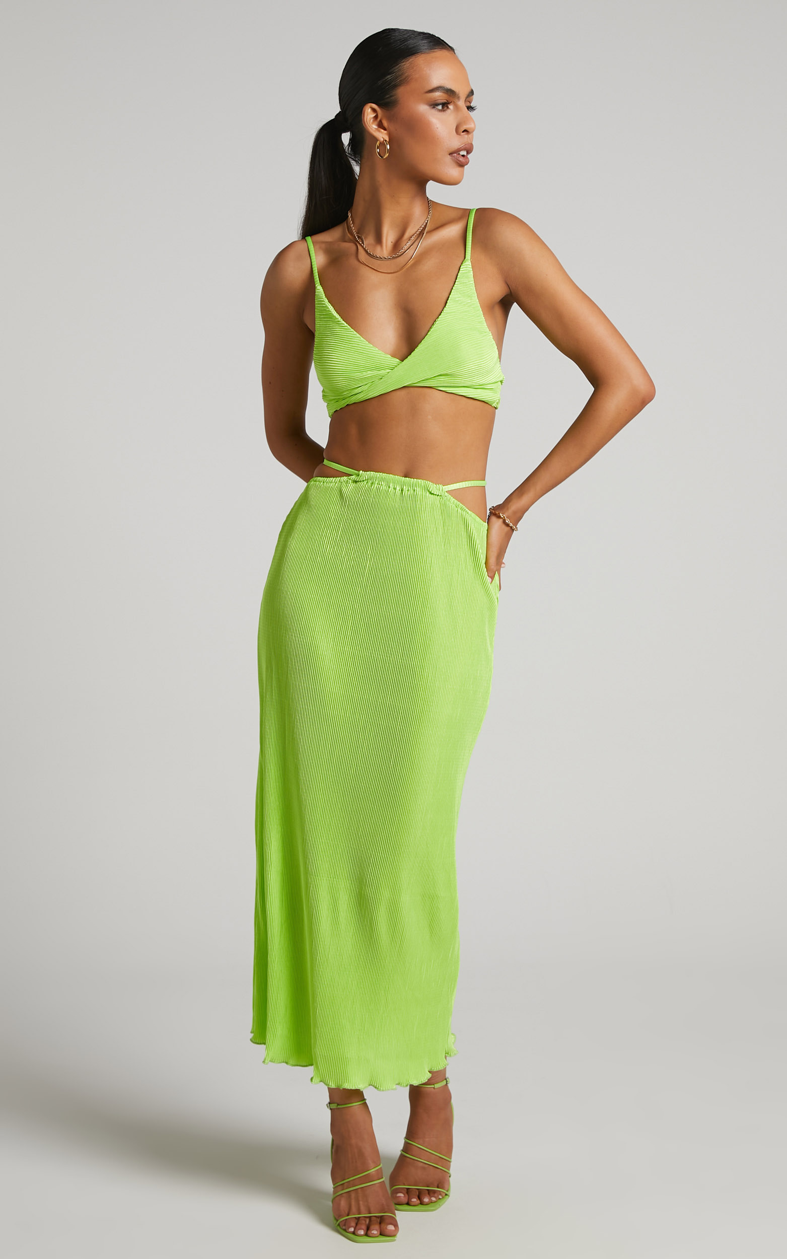 Elowen Two Piece Set - Plisse Twist Front Crop Top and Midi Skirt in Lime - 04, GRN2, hi-res image number null