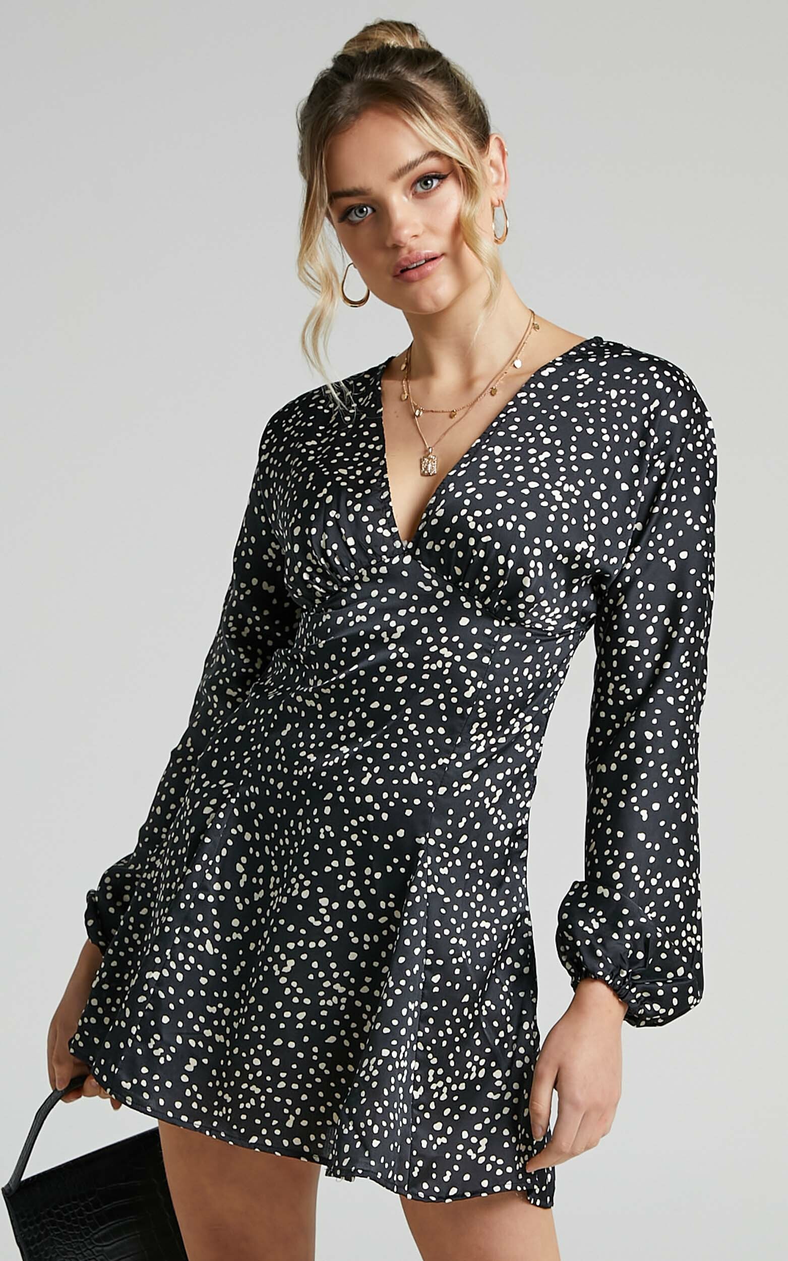 Eska Long Sleeve Godet Mini Dress in Black Spot - 06, BLK1, hi-res image number null