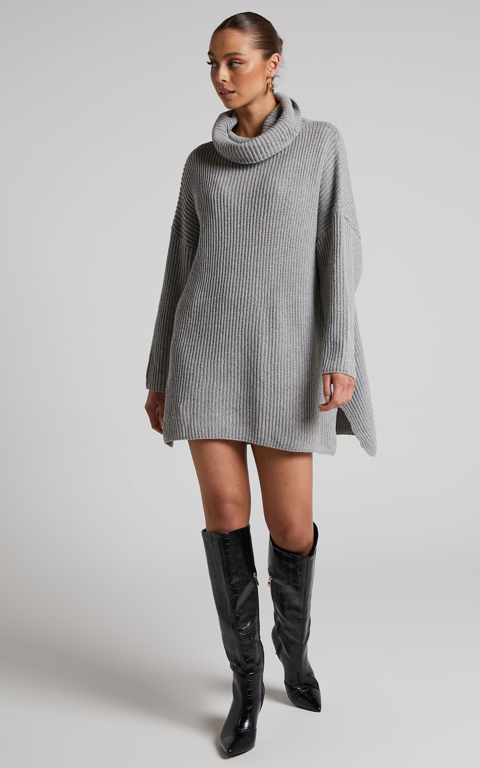 Ariene Jumper Dress - Oversized Turtle Neck Knit Dress in Grey - 06, GRY2, hi-res image number null