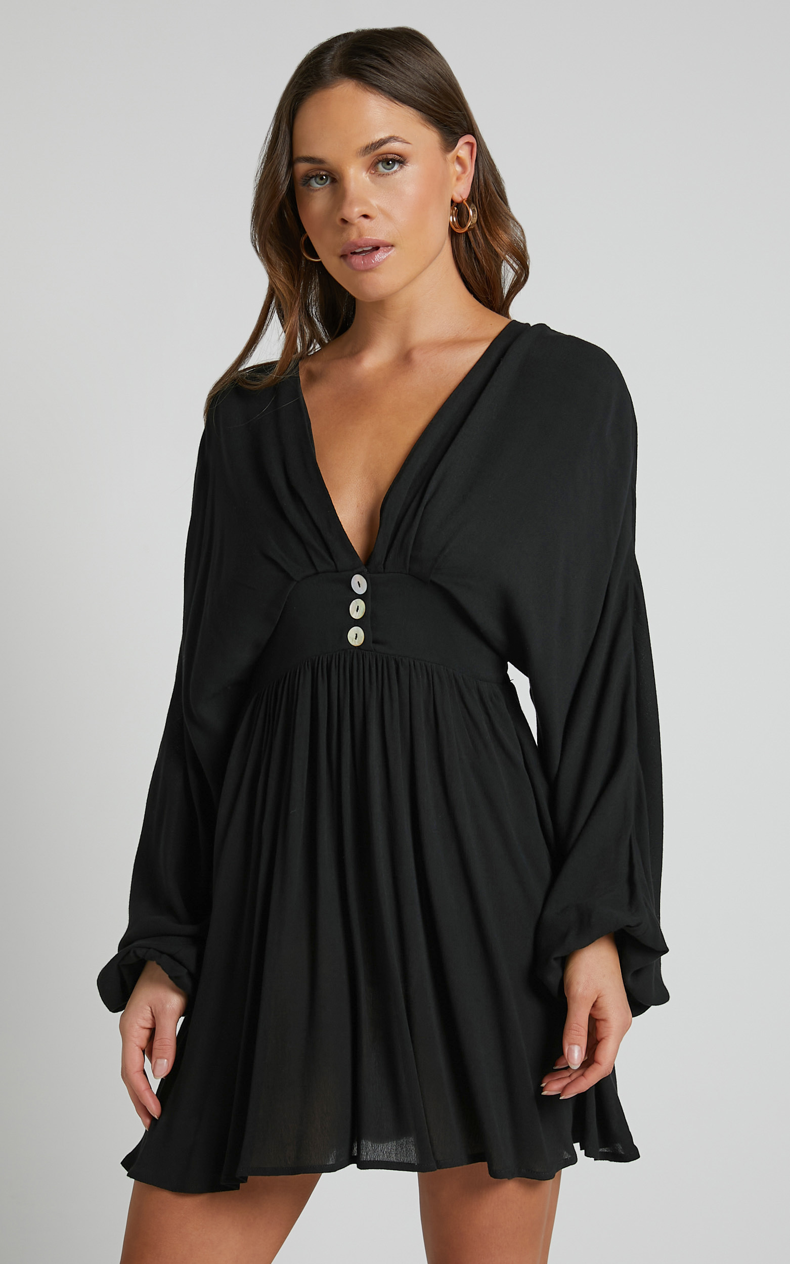 Piper Mini Dress - Long Sleeve button front in Black - 06, BLK2, hi-res image number null