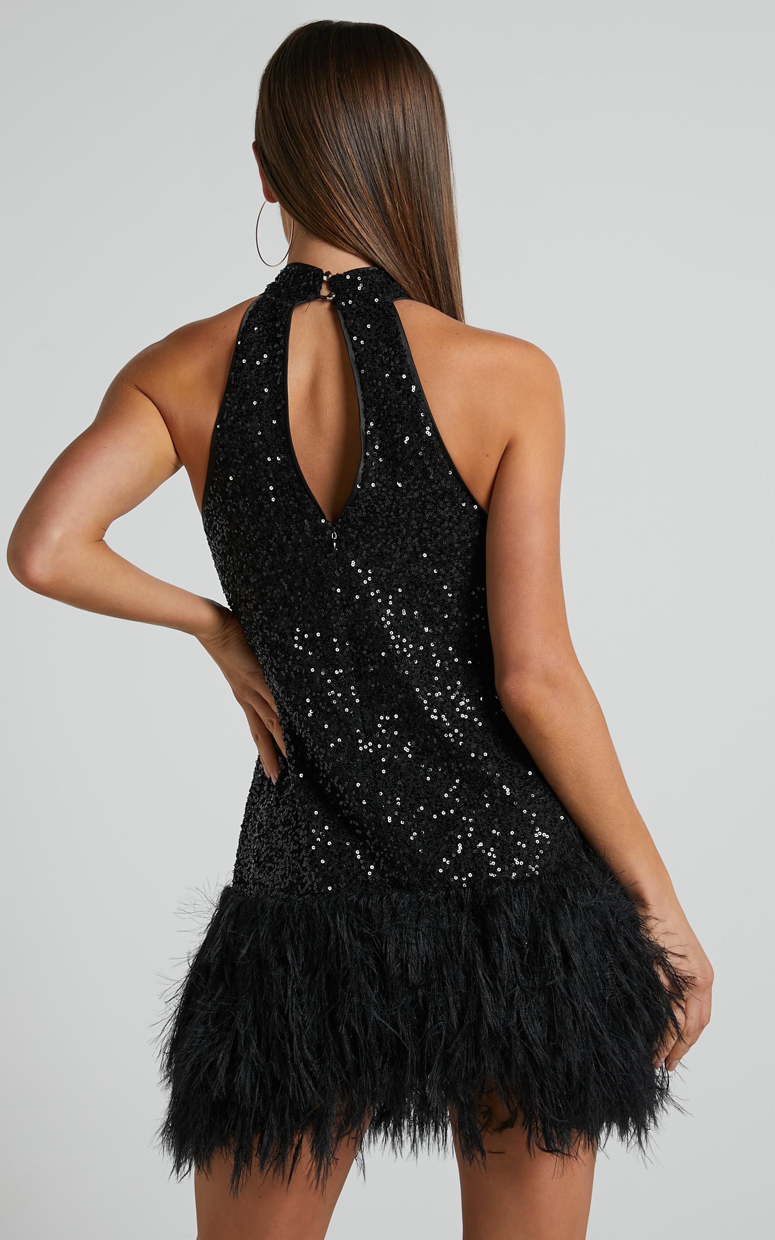 Malisha Mini Dress - High Neck Faux Feather Dress in Black | Showpo