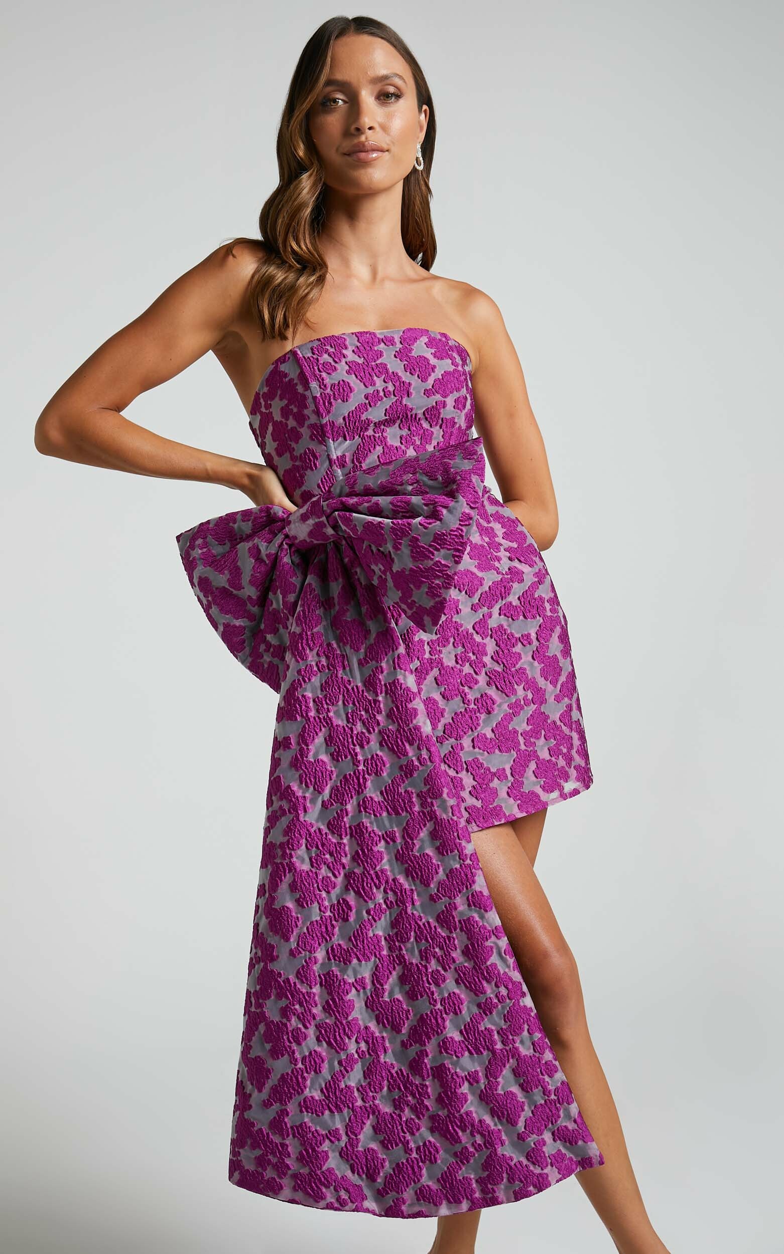 Brailey Mae Mini Dress - Side Bow Strapless Dress in Purple Jacquard - 04, PNK1, hi-res image number null