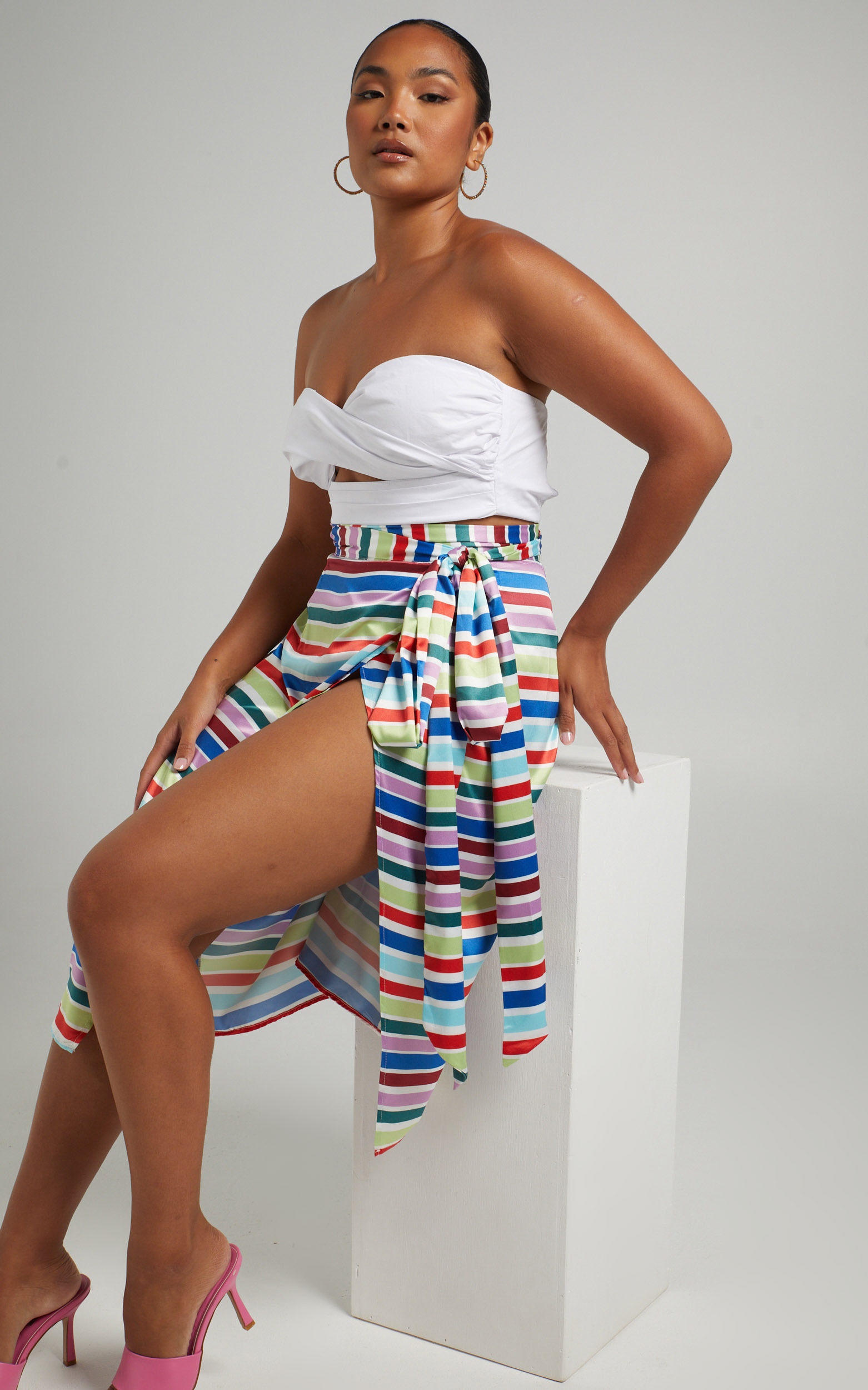 Lejia Wrap Midi Skirt With Belt Tie in Multi Stripe Satin - 06, MLT1, hi-res image number null