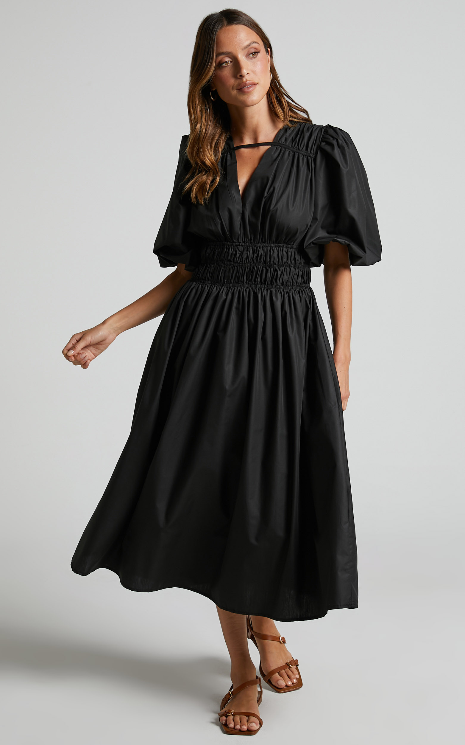 Selnya Midi Dress - Puff Sleeve V Neck Panelled Dress in Black - 06, BLK1, hi-res image number null