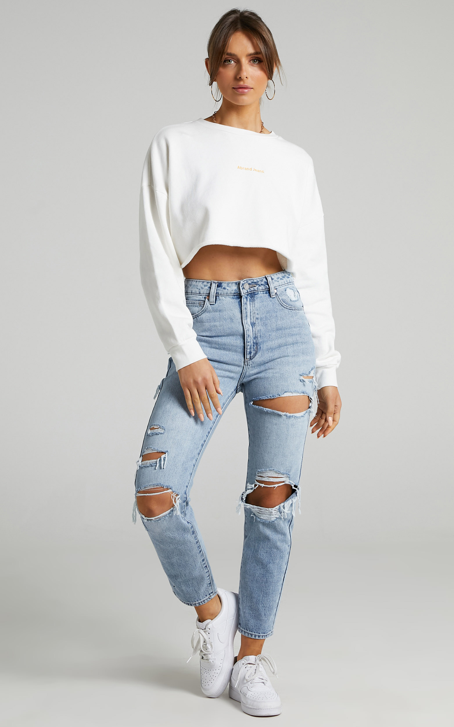 Abrand - A Cropped Oversized Sweater in White Sand - L, WHT1, hi-res image number null