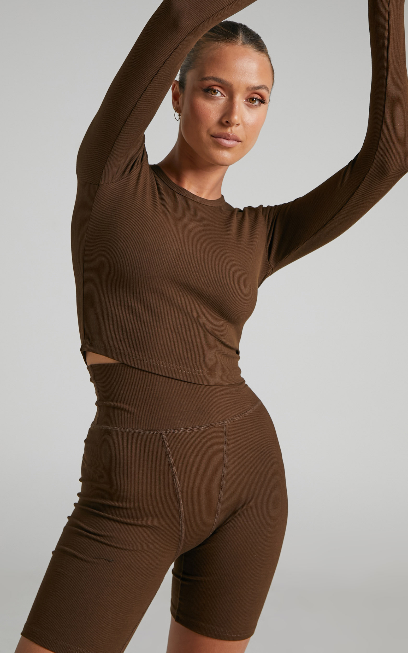 Chimmy Ribbed Long Sleeve Crop Top in Chocolate - 04, BRN1, hi-res image number null