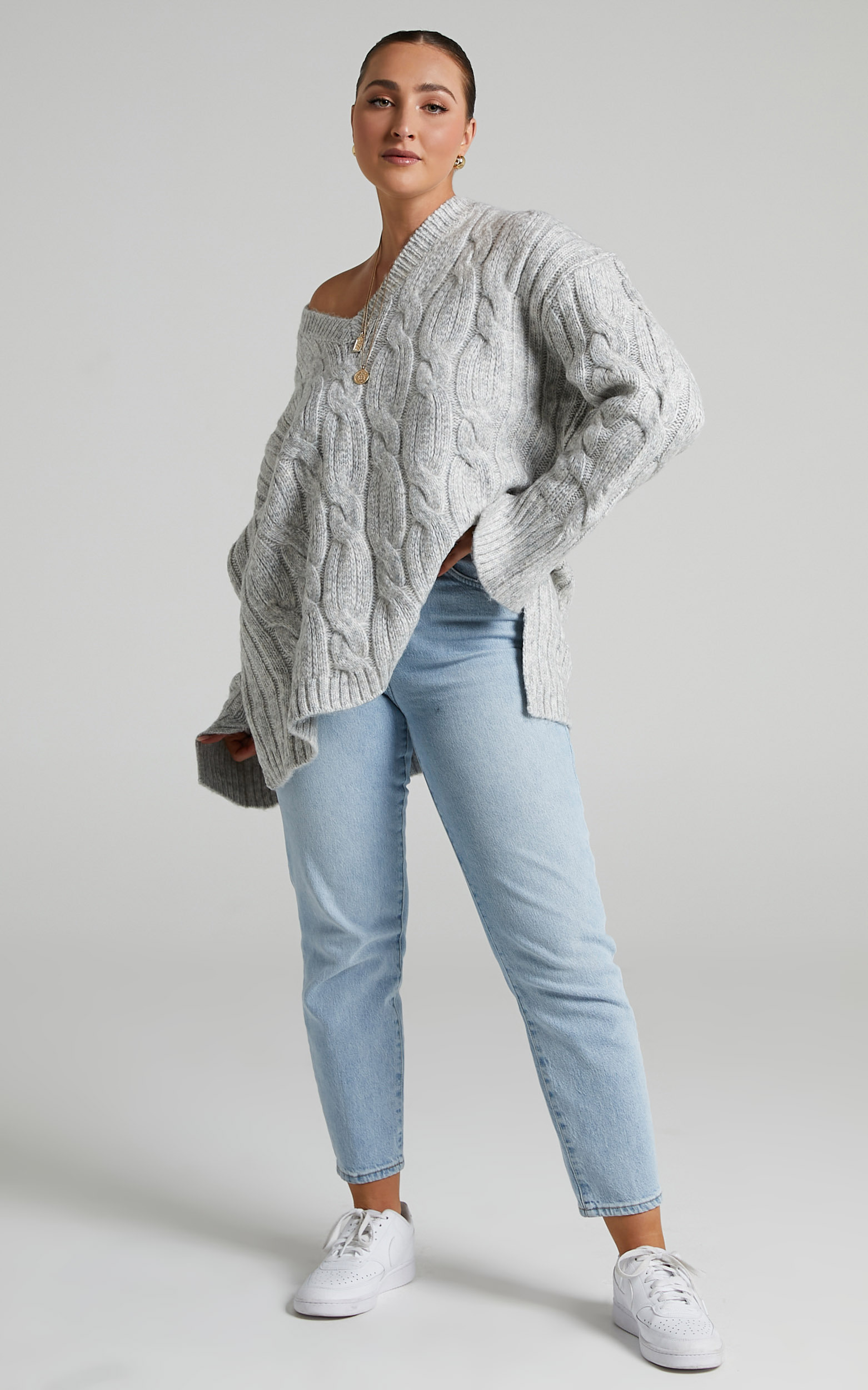 Josie V Neck Oversized Cable Knit Jumper in Grey Marle - 06, GRY1, hi-res image number null