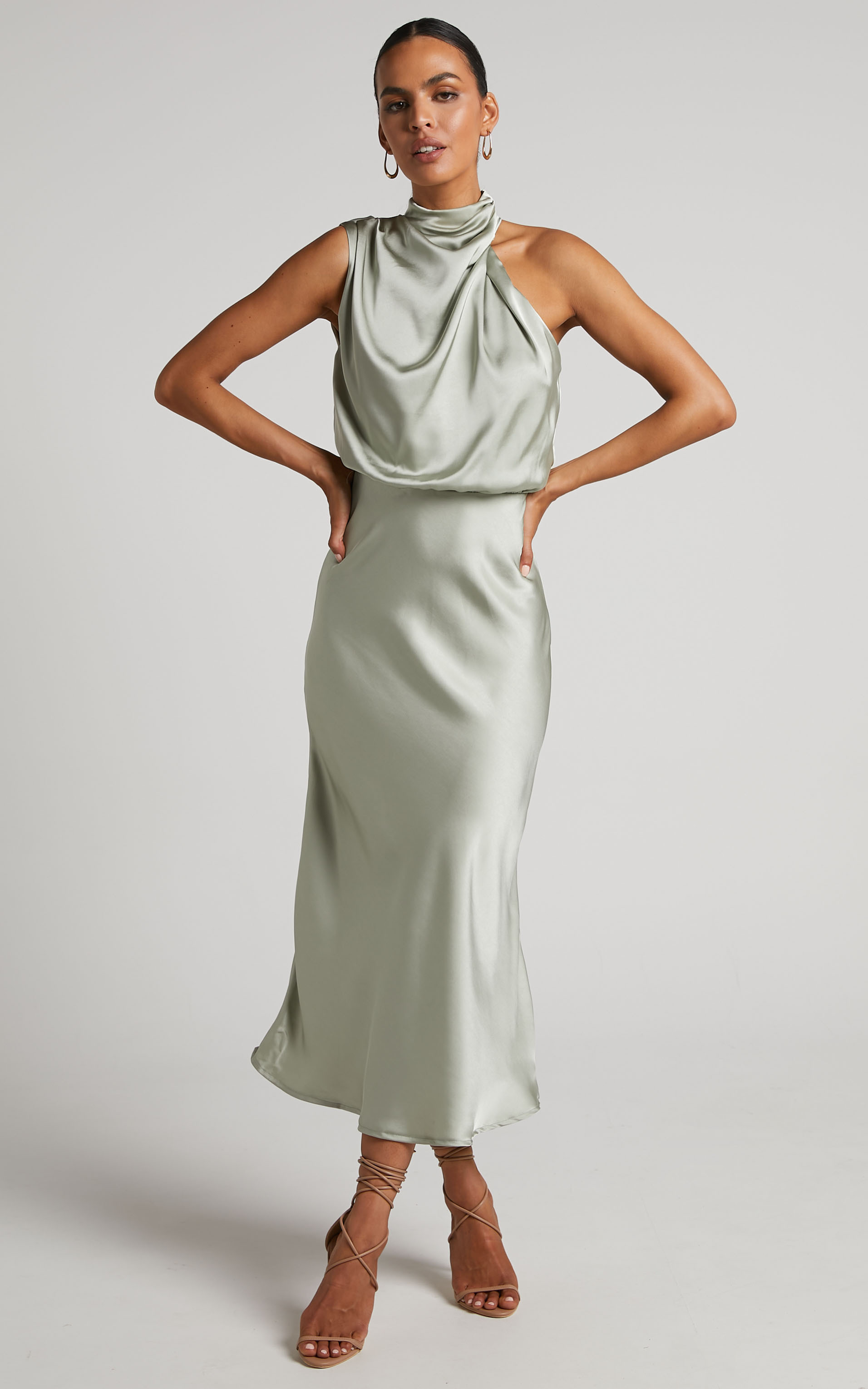 Minnie Midi Dress - Drape Neck Satin Slip Dress in Sage | Showpo