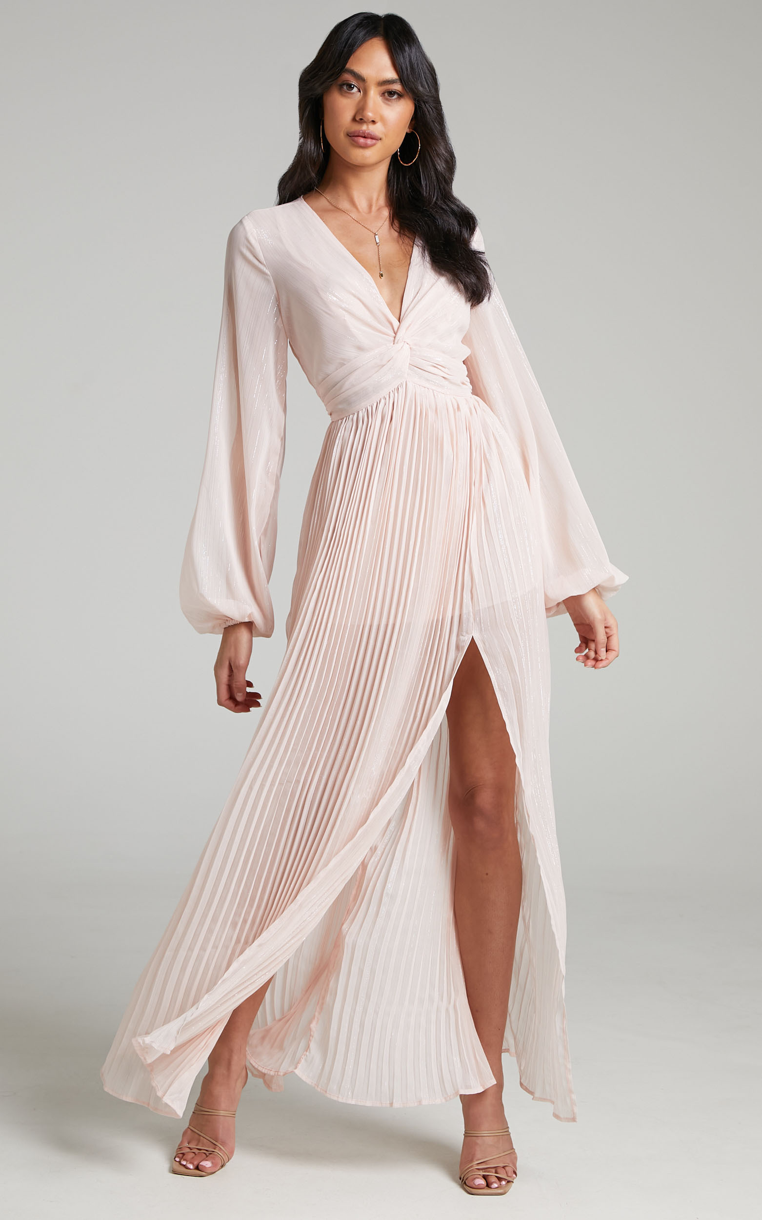 Alona Long Sleeve Twist Front Pleated Maxi Dress in Pink - 04, PNK2, hi-res image number null