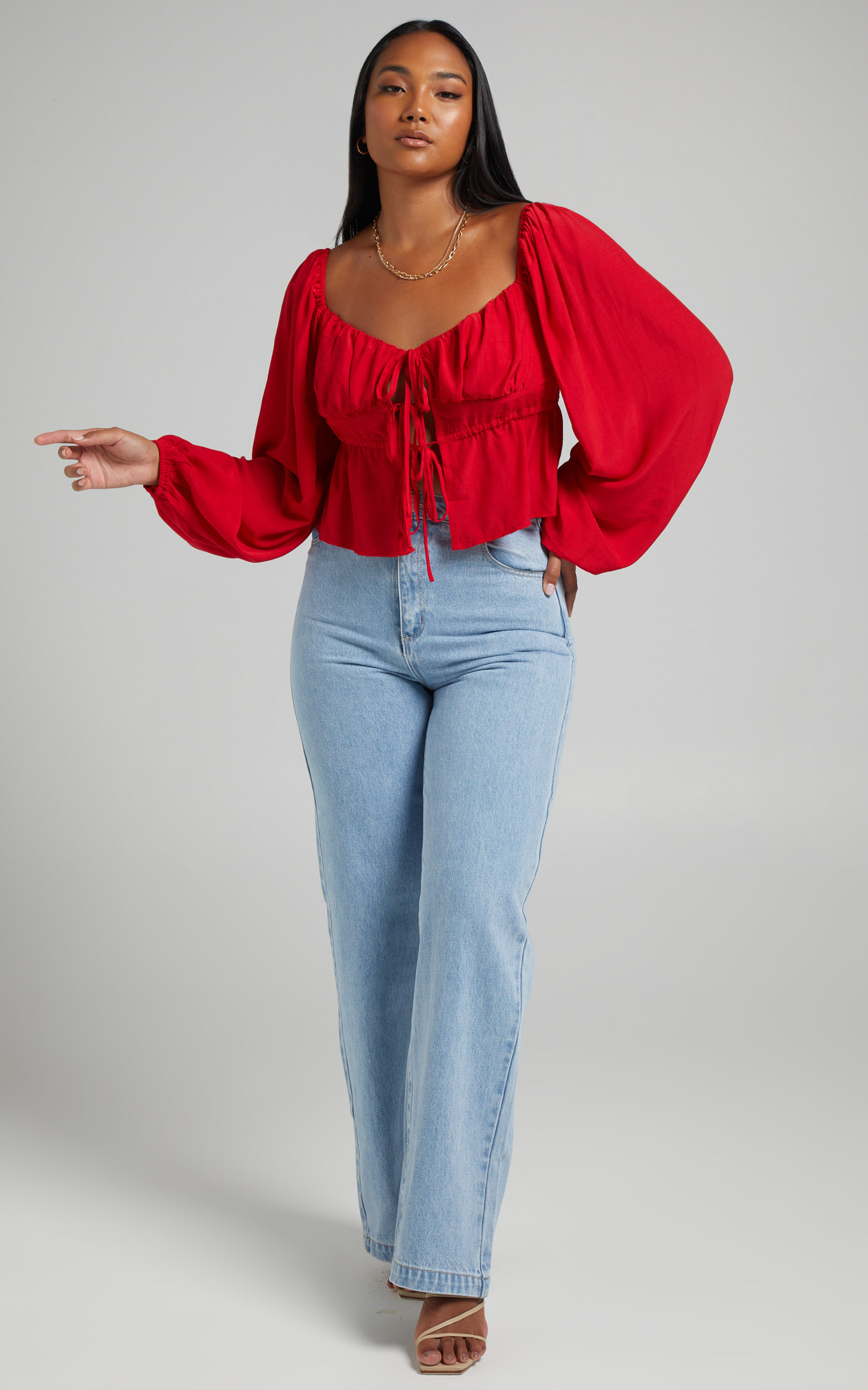 Nadine Long Sleeve Top with Ruched Bust in Red - 06, RED4, hi-res image number null