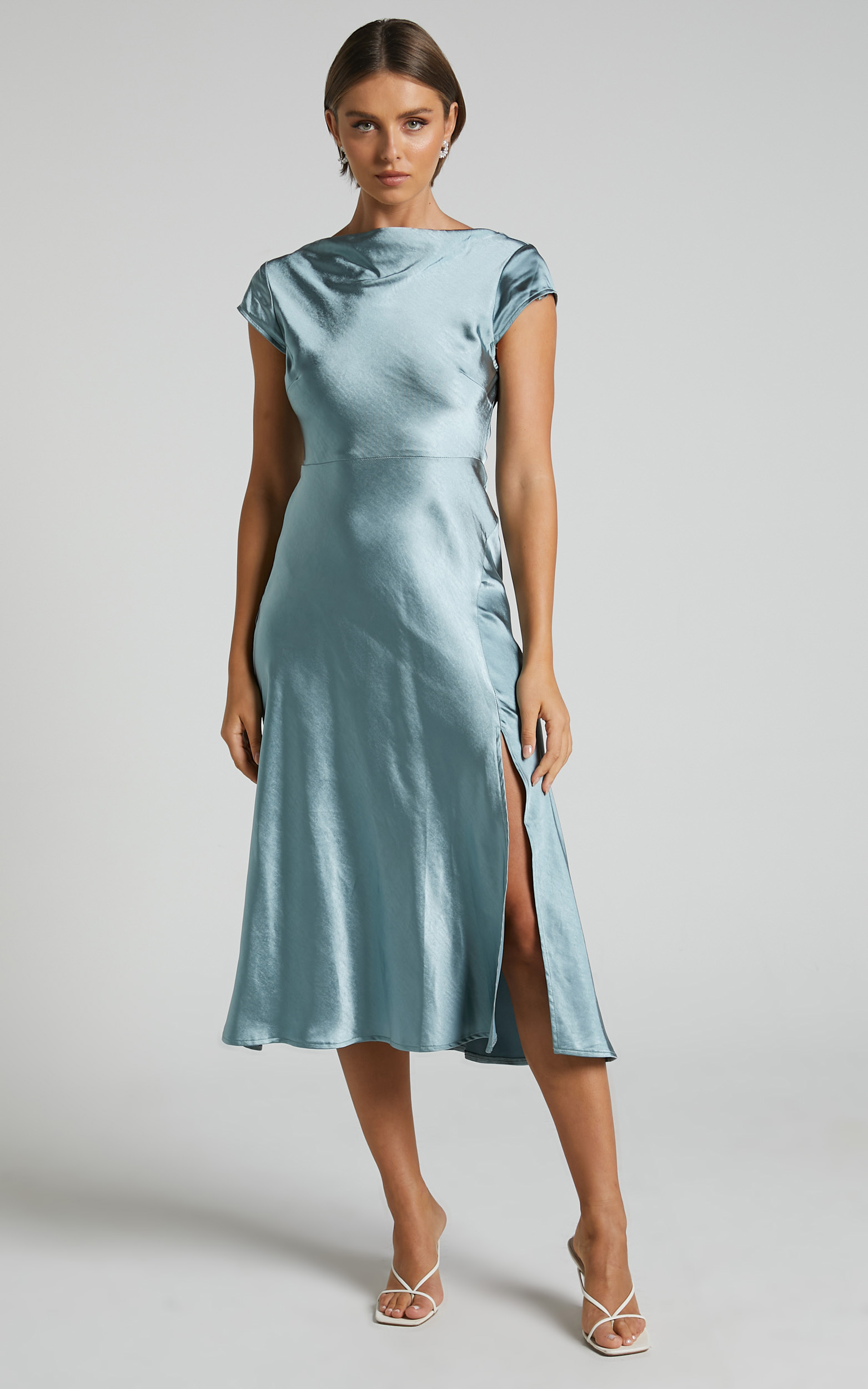 Vesper Midi Dress - Back Cut Out High Neck Satin Dress in Ice Blue - 06, BLU1, hi-res image number null