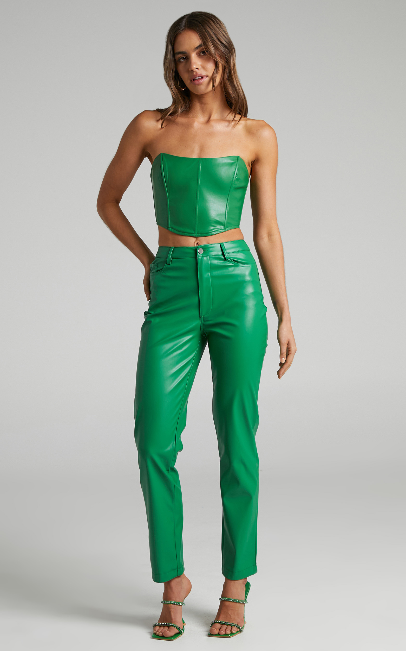 Lorrin Faux Leather Cropped Corset in Green - 04, GRN1, hi-res image number null