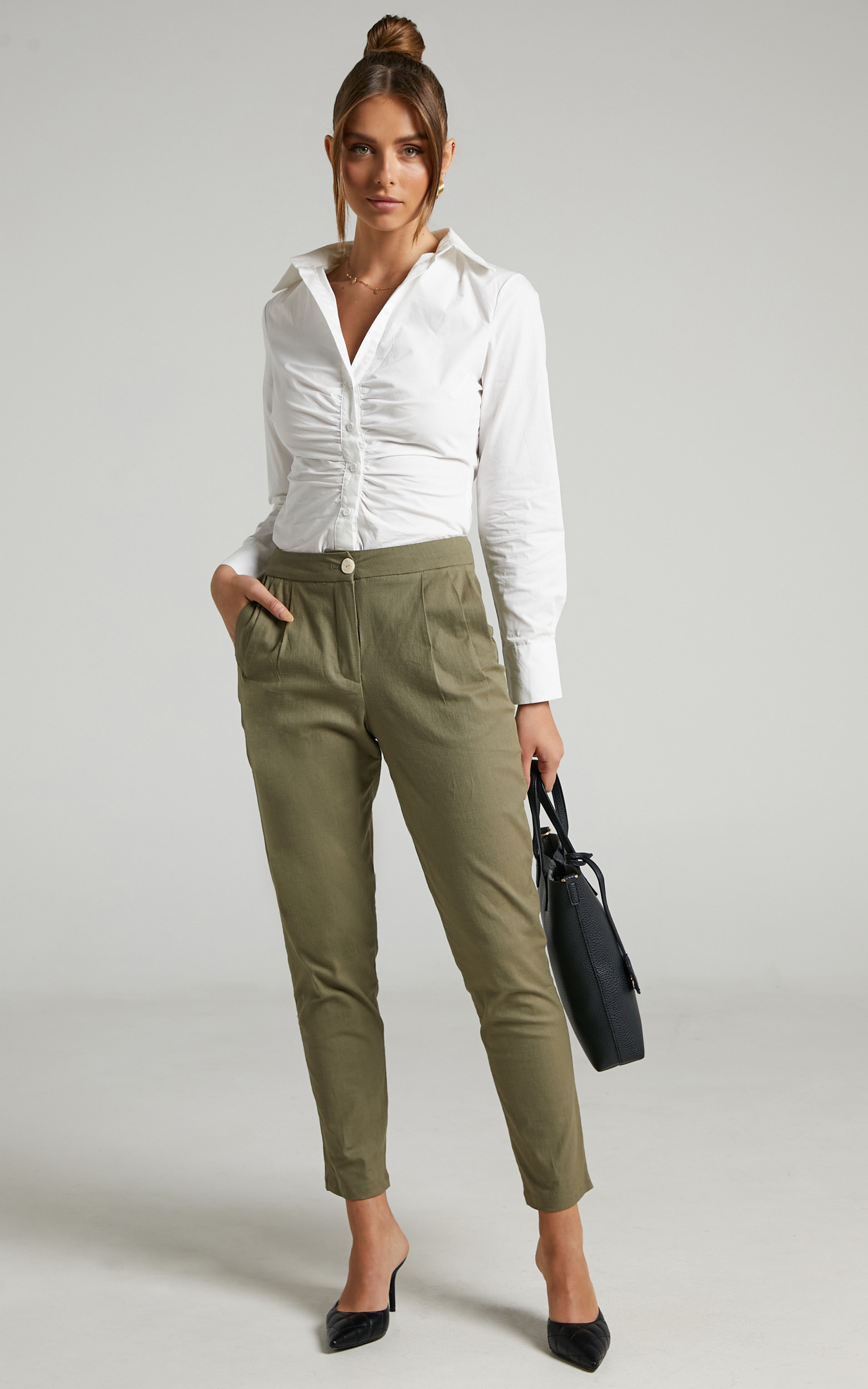Lavinia Pleated Front Cropped Pant in Olive - 04, GRN1, hi-res image number null