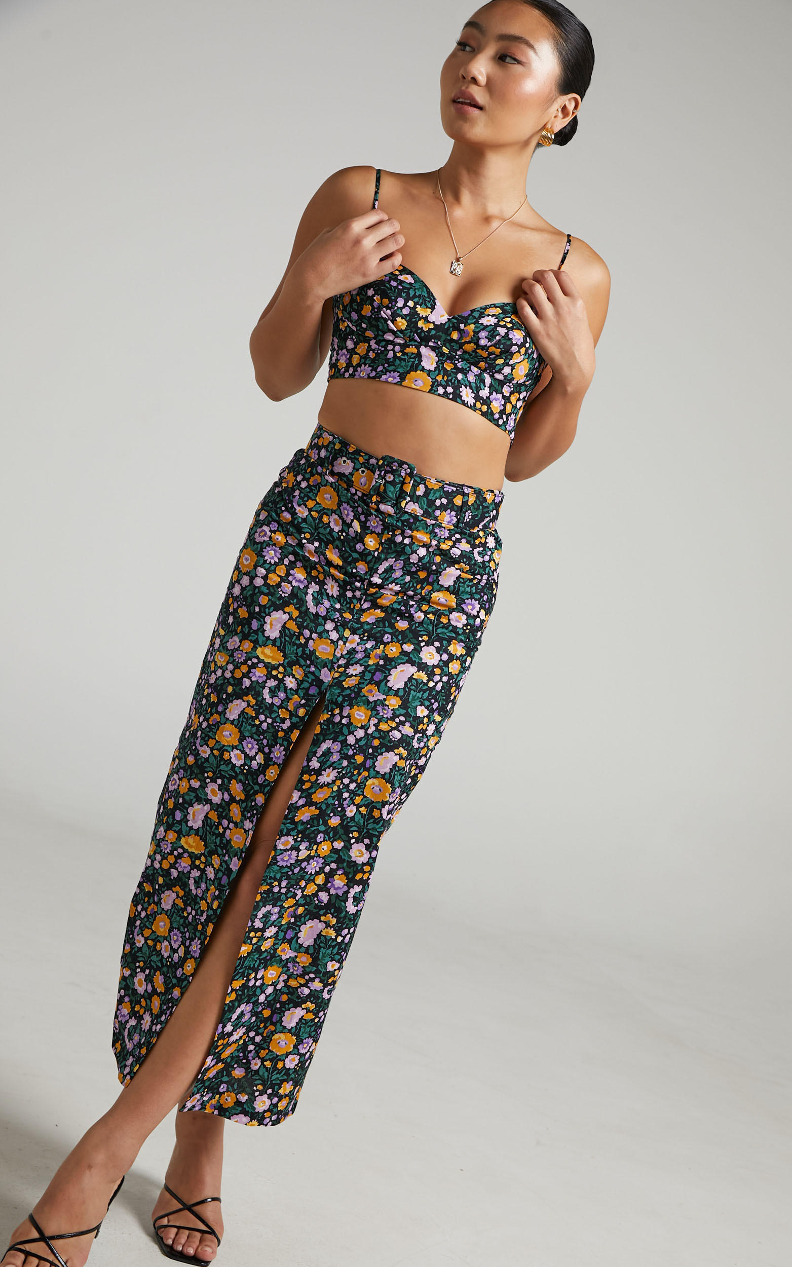 Freyda Crop Top and Midi Skirt Two Piece Set in Black Floral - 04, BLK1, hi-res image number null
