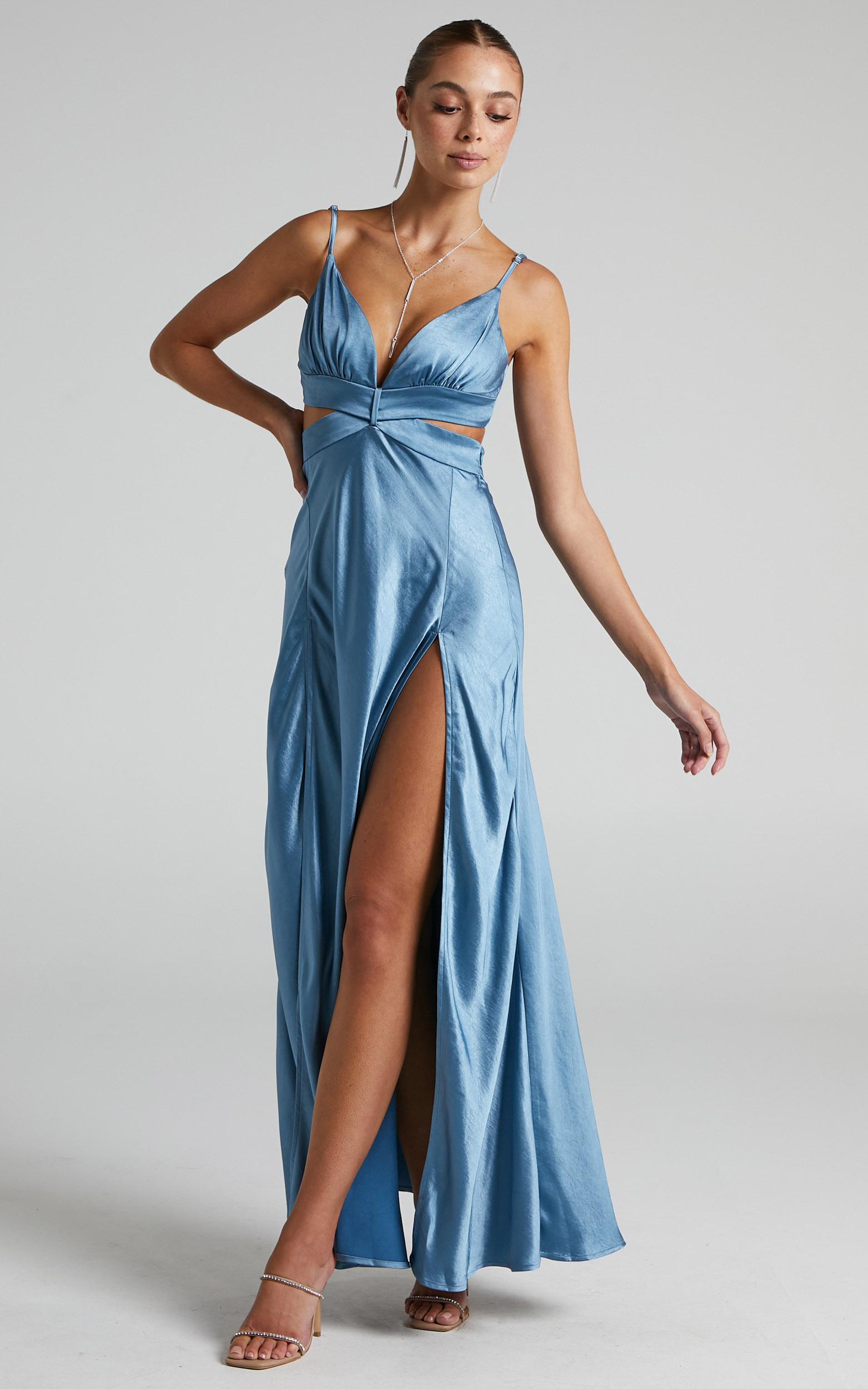 Precious Maxi plunge neck dress in Satin in Steel Blue - 06, BLU1, hi-res image number null