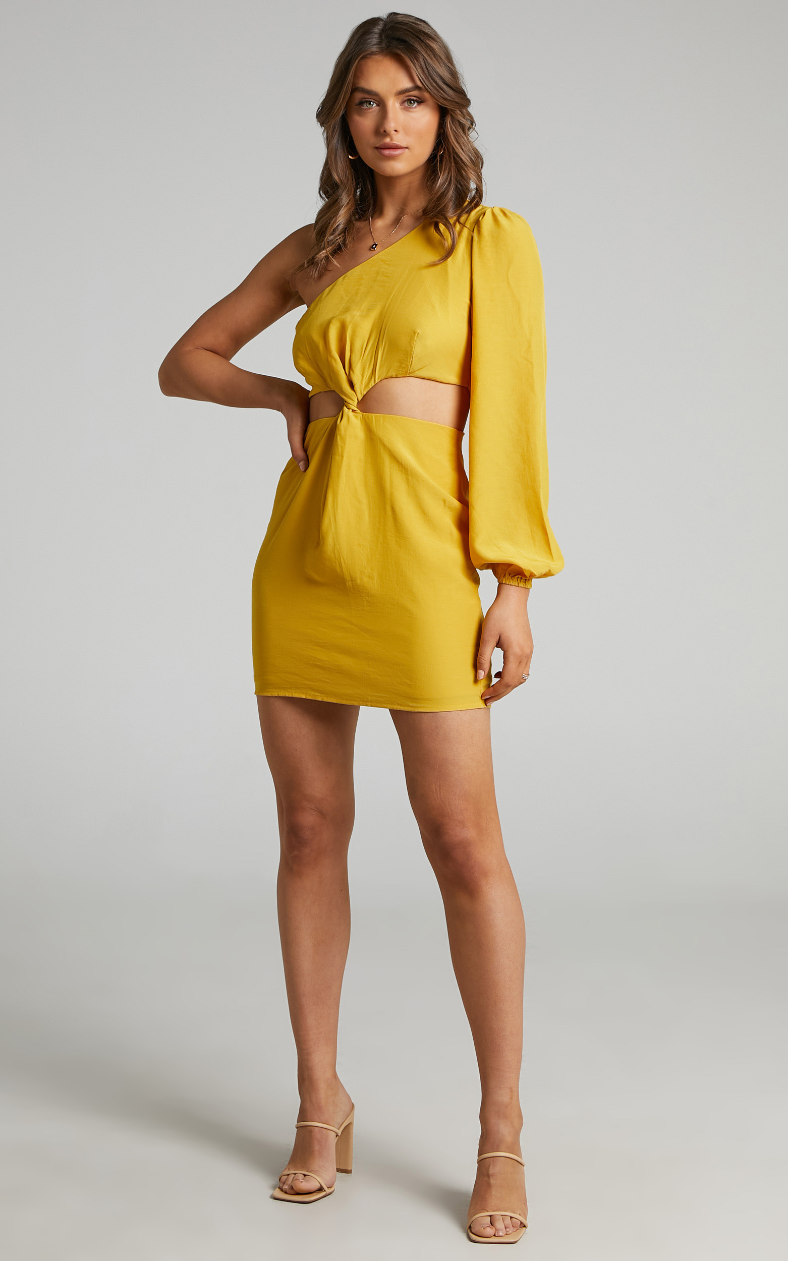 Glannica One Shoulder Mini Dress with Twist Front in Yellow - 06, YEL1, hi-res image number null