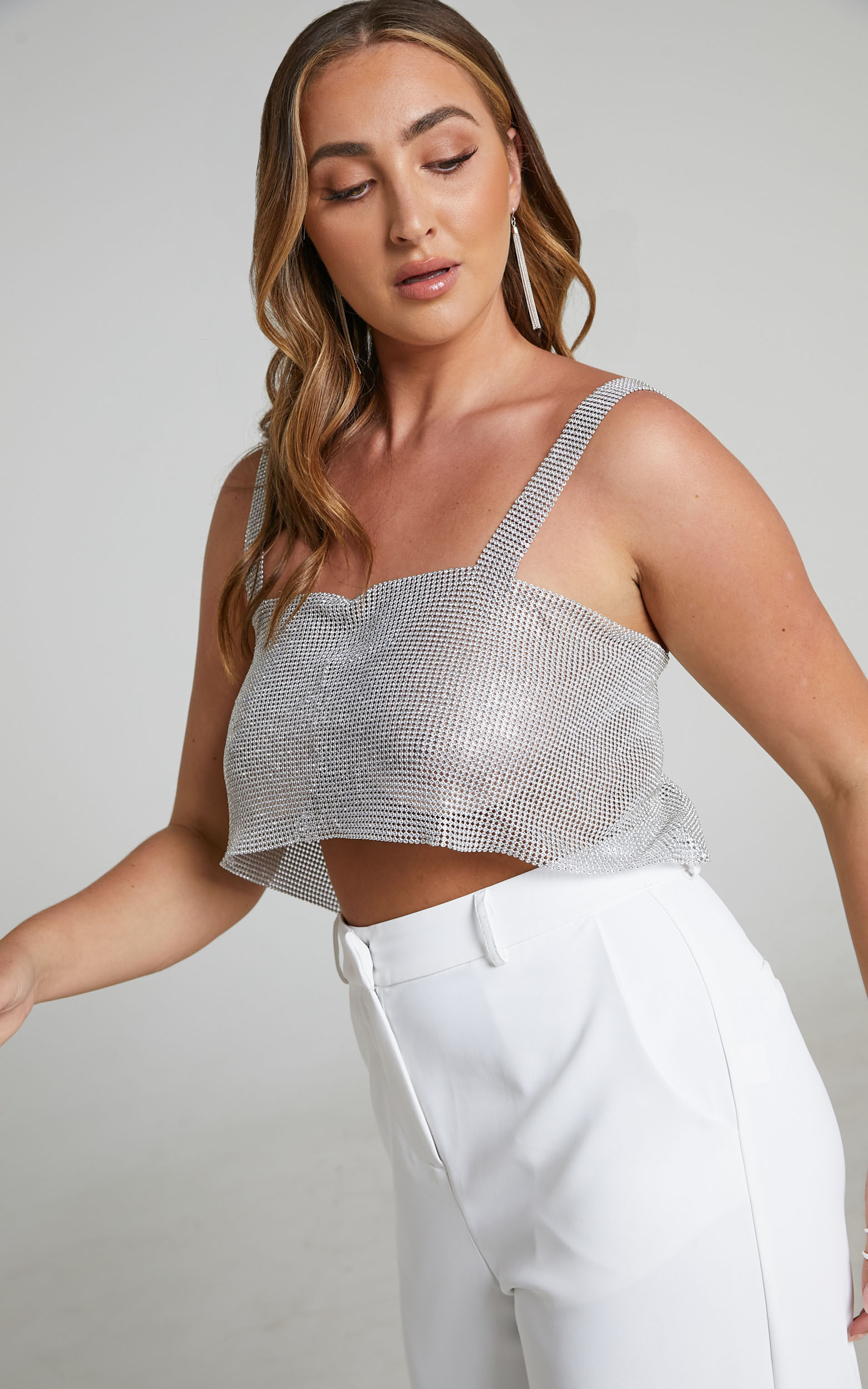 Starry Nights Mesh Cropped Top in Silver - M/L, SLV2, hi-res image number null