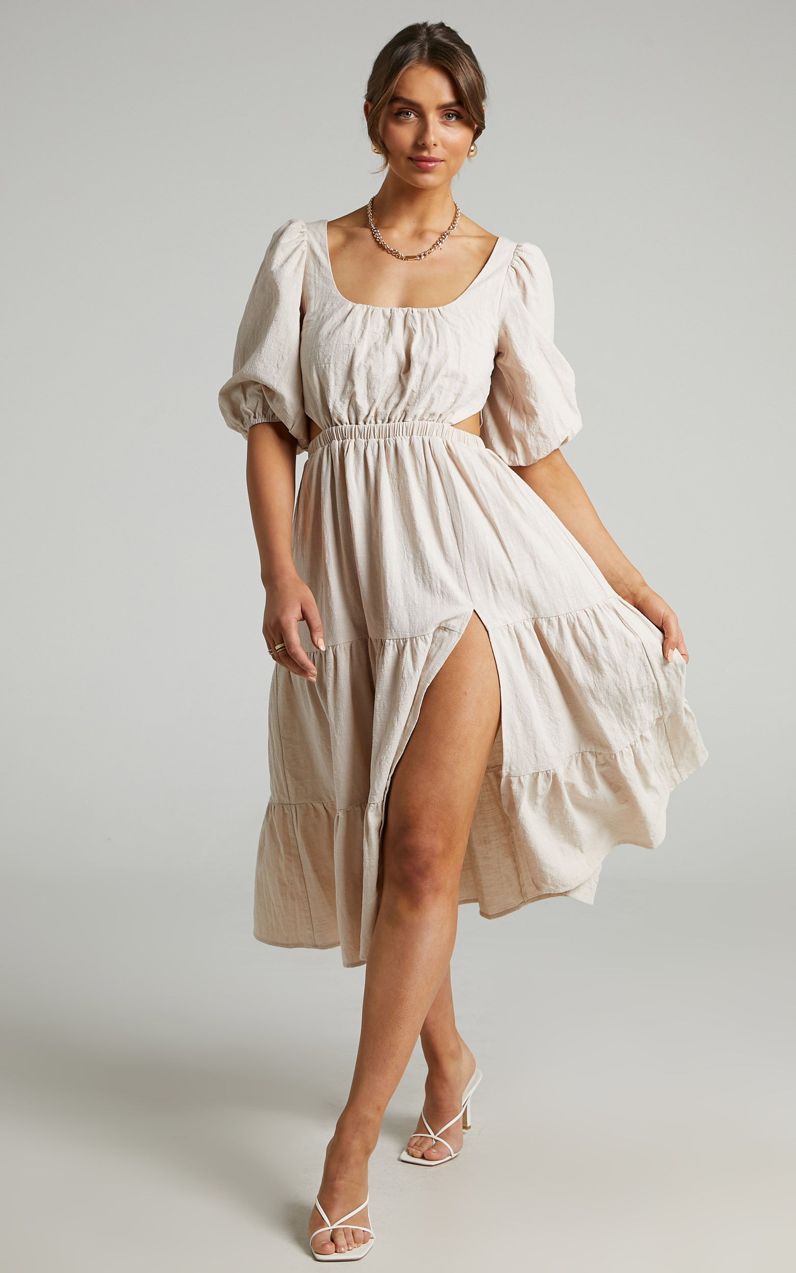 Ianthea Cut Out Tiered Midi  Dress in Beige - 06, BRN1, hi-res image number null