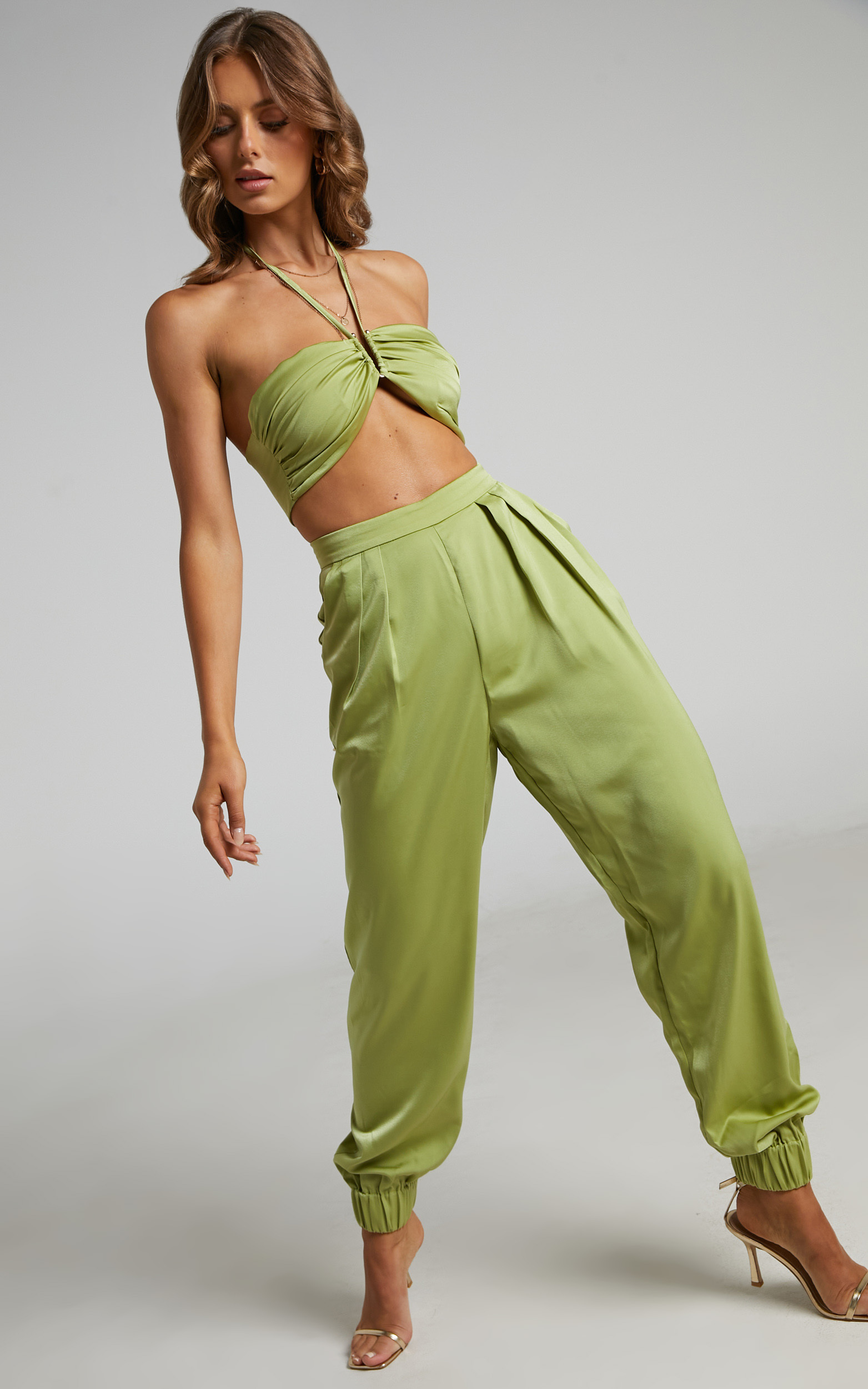 Lucine Halter Crop Top and Tailored Jogger Pants Two Piece Set in Green - 06, GRN1, hi-res image number null
