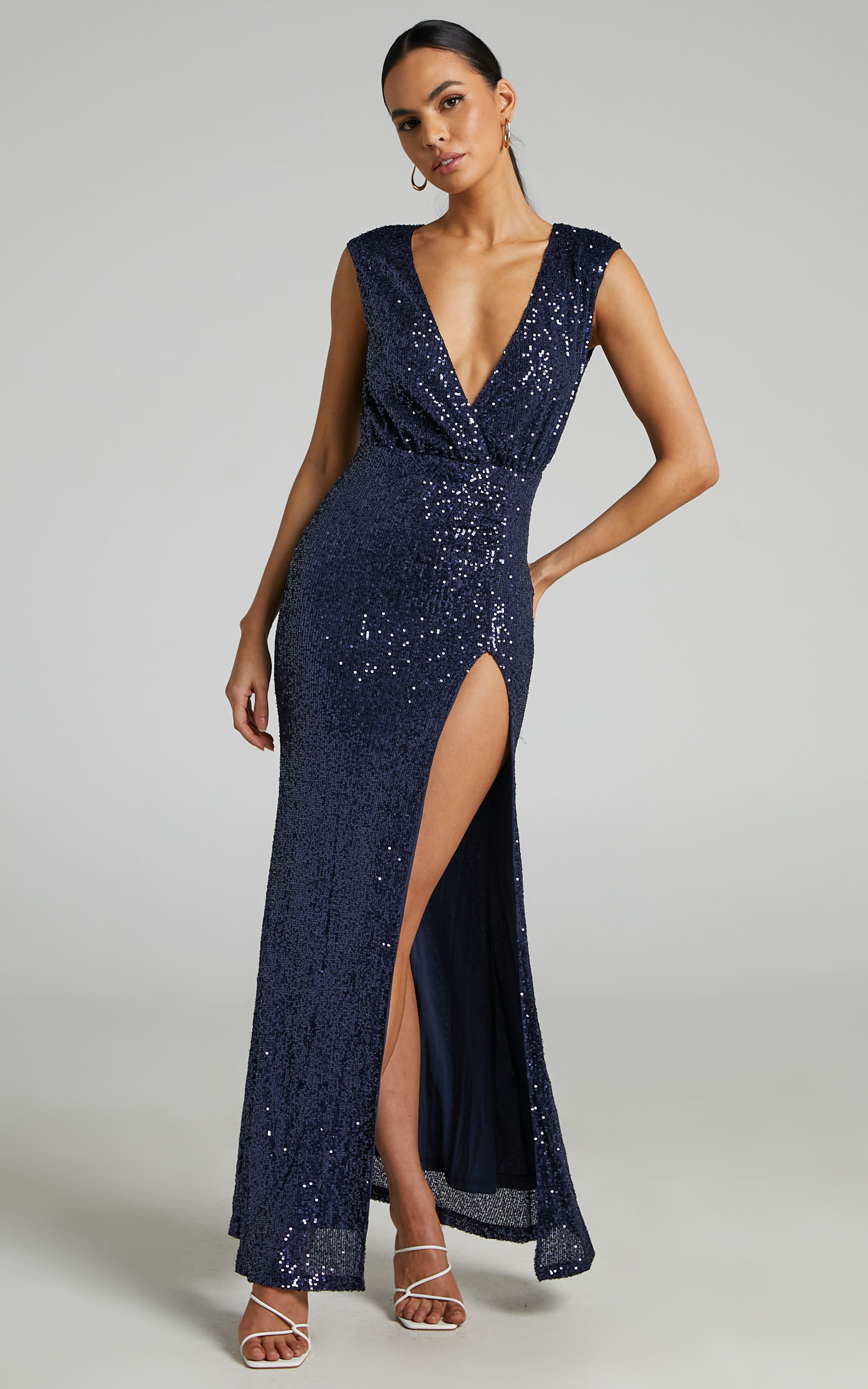 Helaena Plunge Neck Thigh Split Sequin Maxi Dress in Dark Blue - 04, NVY1, hi-res image number null