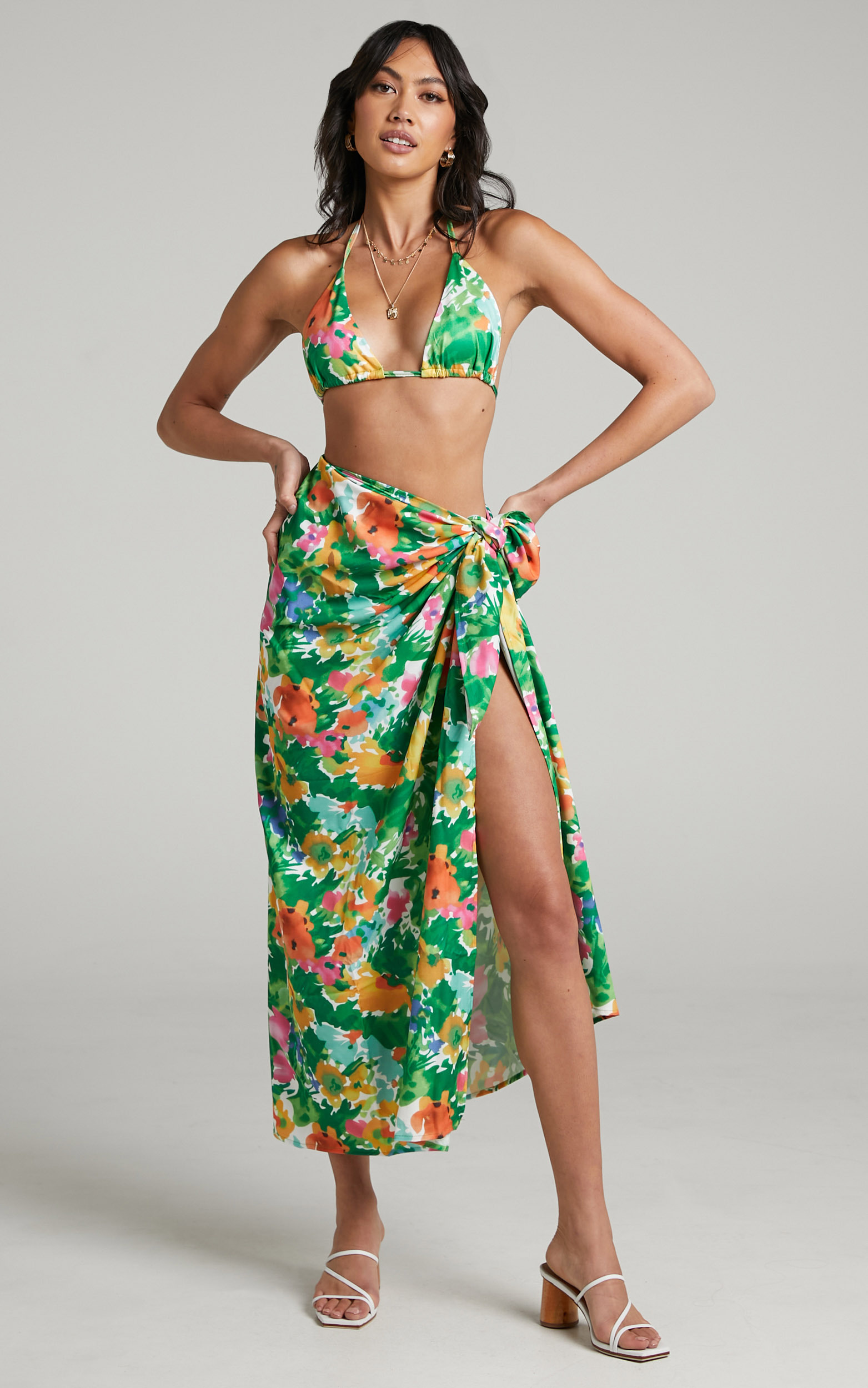 Esclera Triangle Top Midi Skirt Two Piece Set in Green Floral - L, GRN1, hi-res image number null