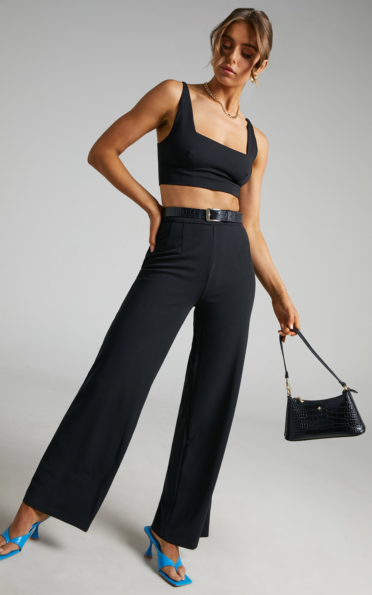 Elibeth Two Piece Set - Crop Top and High Waisted Wide Leg Pants in Black - 04, BLK1, hi-res image number null