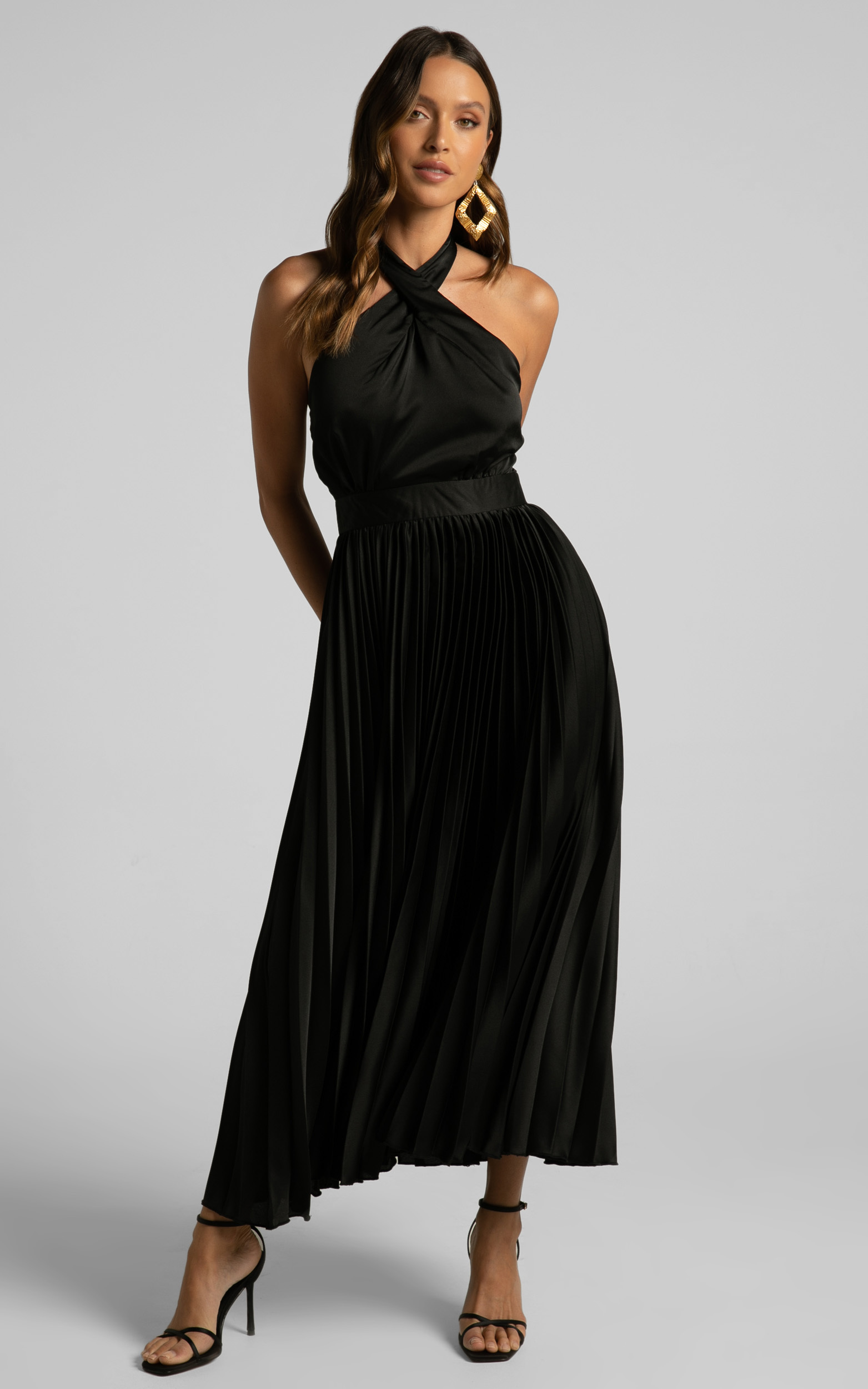 Eloise Halter Neck Pleated Maxi Dress in Black - 06, BLK1, hi-res image number null