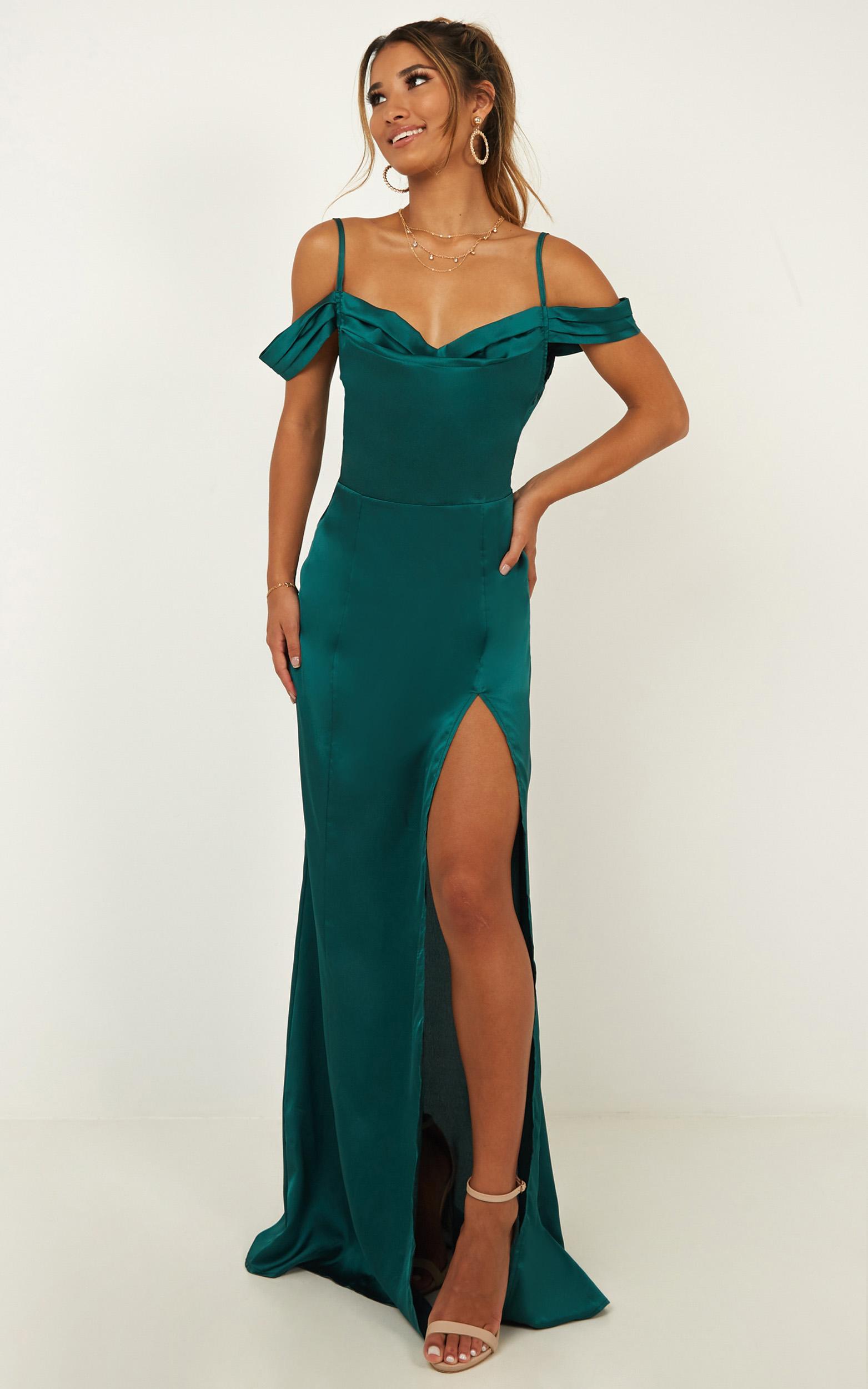 City Is Mine Dress in emerald satin, Green, hi-res image number null