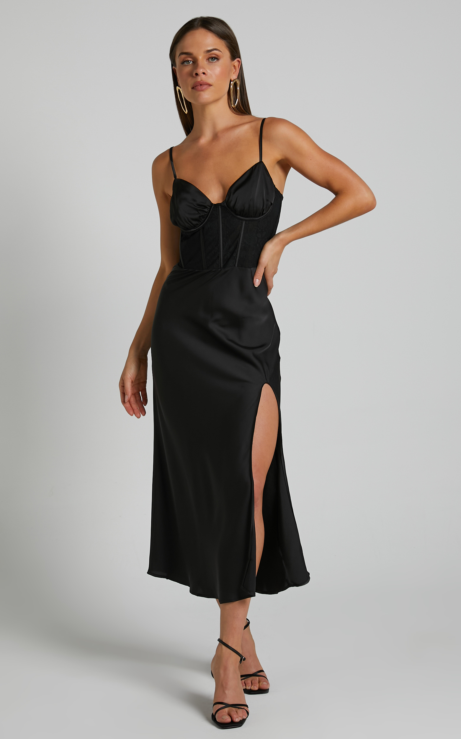 Khallah Lace Bustier Side Split Midi Dress in Black - 06, BLK1, hi-res image number null