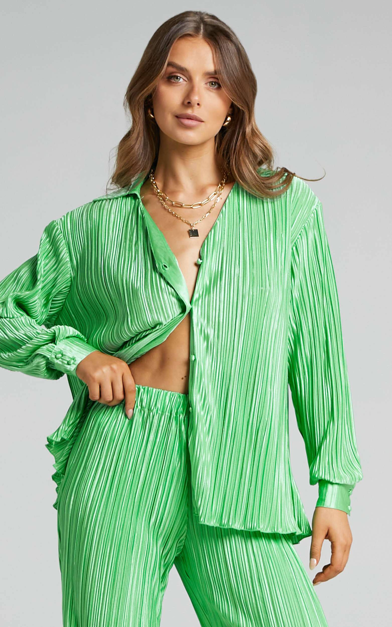 Beca Plisse Button up Shirt in Bright Green - 06, GRN5, hi-res image number null