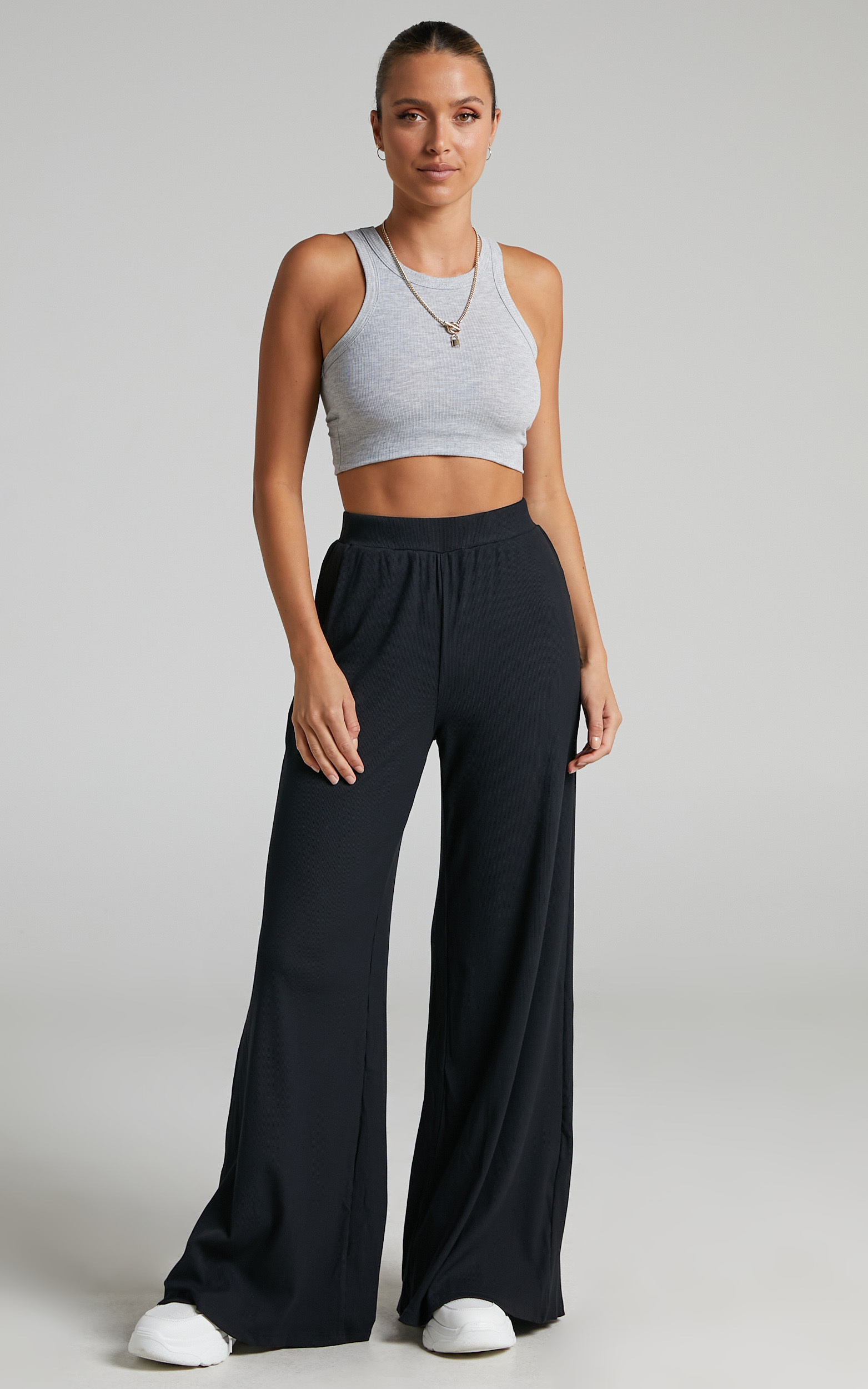 Amalthea - High Waisted Wide Leg Pant in Jersey Rib in Black - 04, BLK1, hi-res image number null