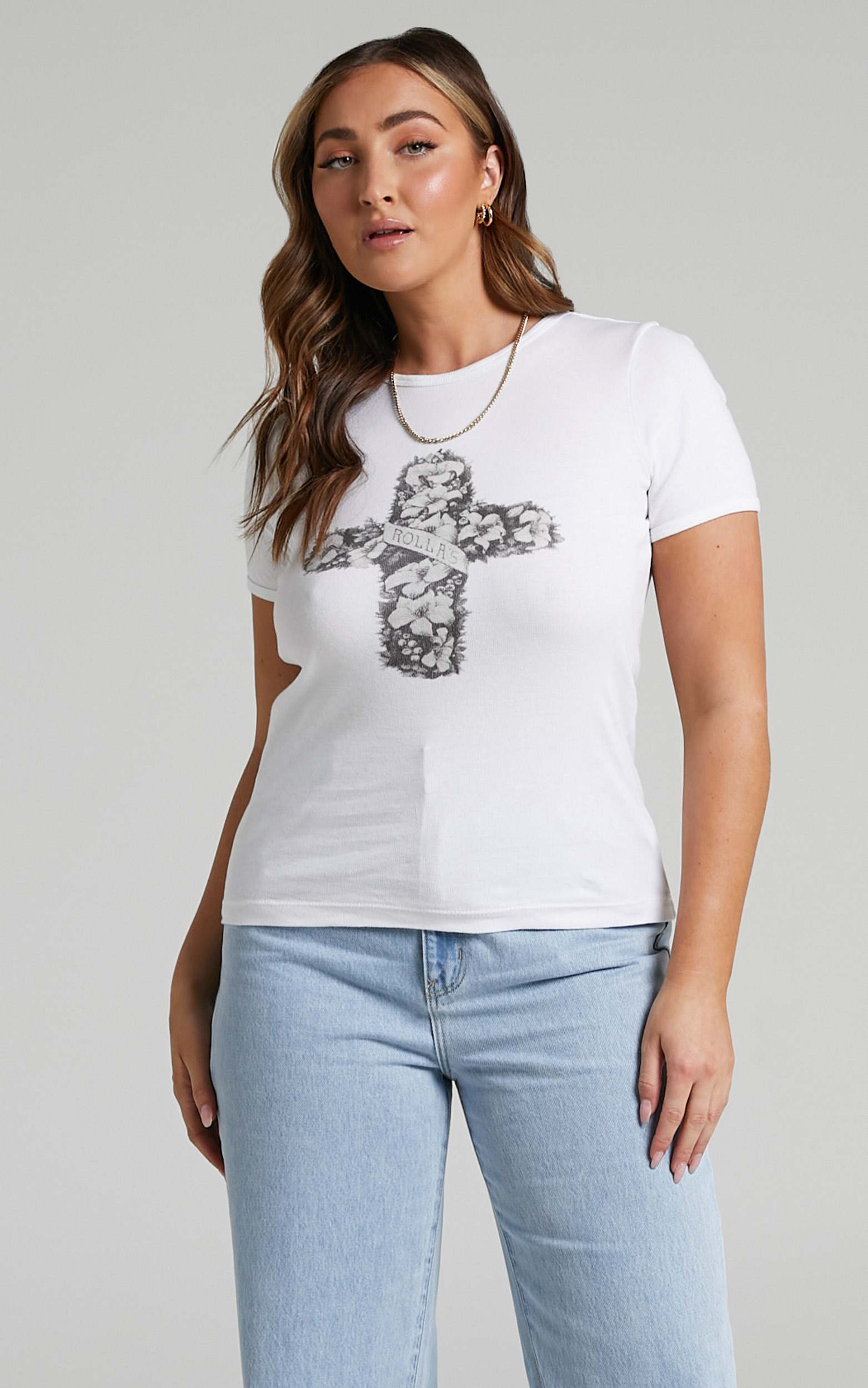 Rolla's - FLORAL CROSS TIGHT RIB TEE in White - 06, WHT1, hi-res image number null