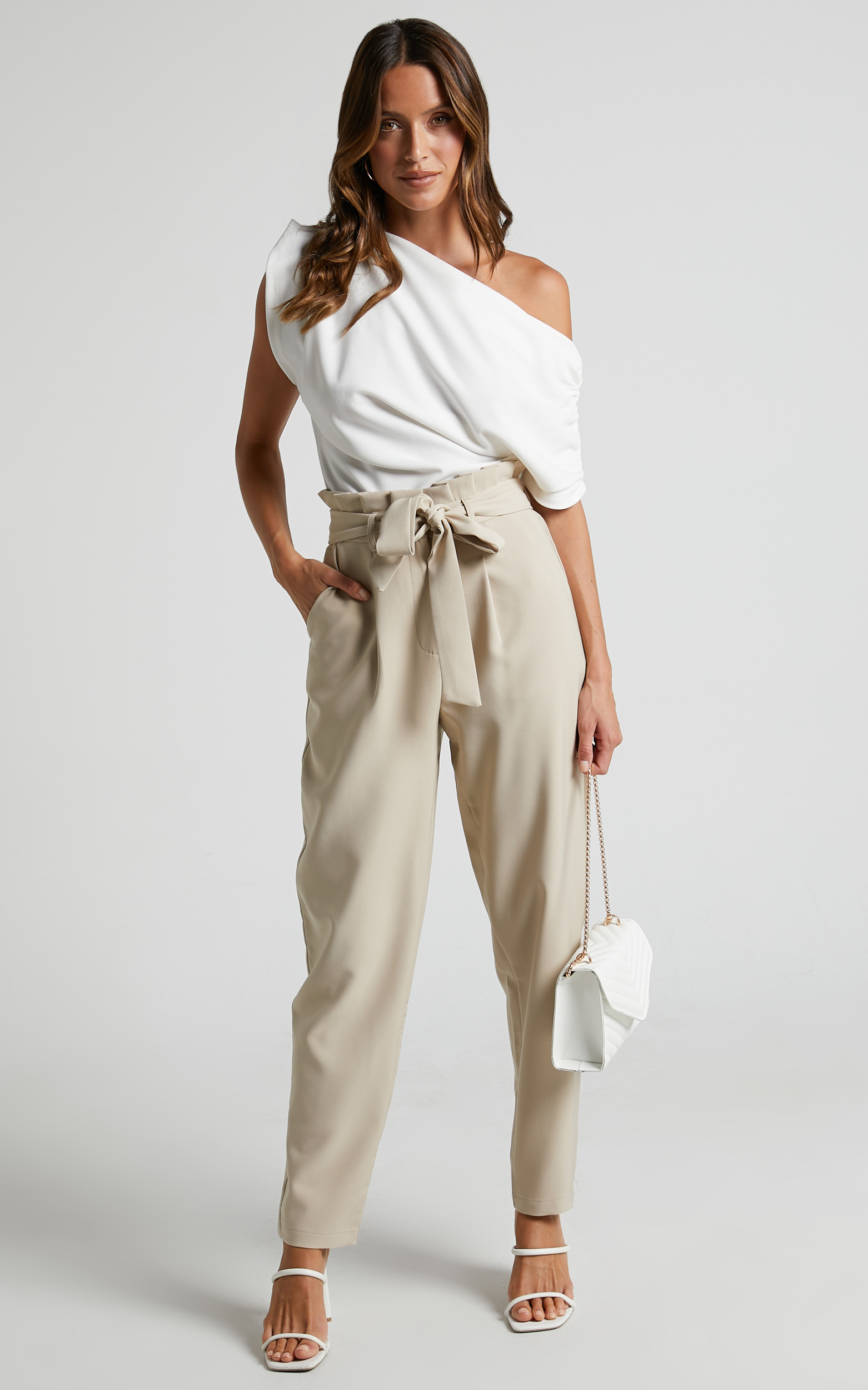 Annalise - High Waisted Paper Bag Waist Pants in Stone - 06, NEU1, hi-res image number null