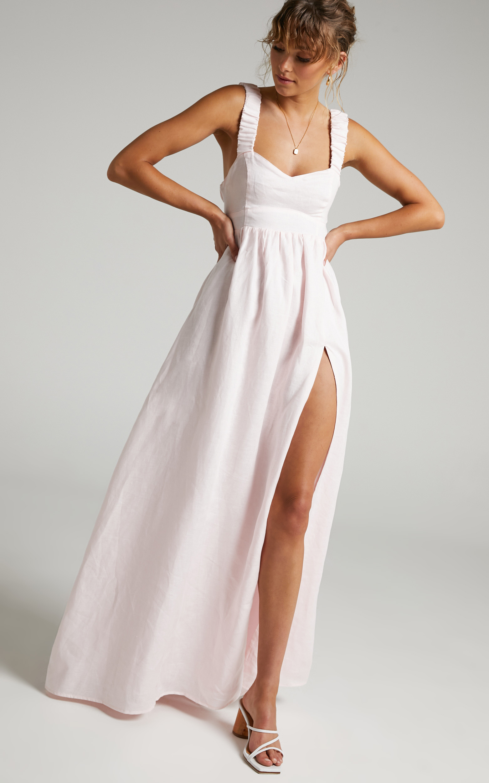 Amalie The Label - Lucia Linen Elasticated Strap Backless Maxi Dress in Off White - 04, CRE1, hi-res image number null