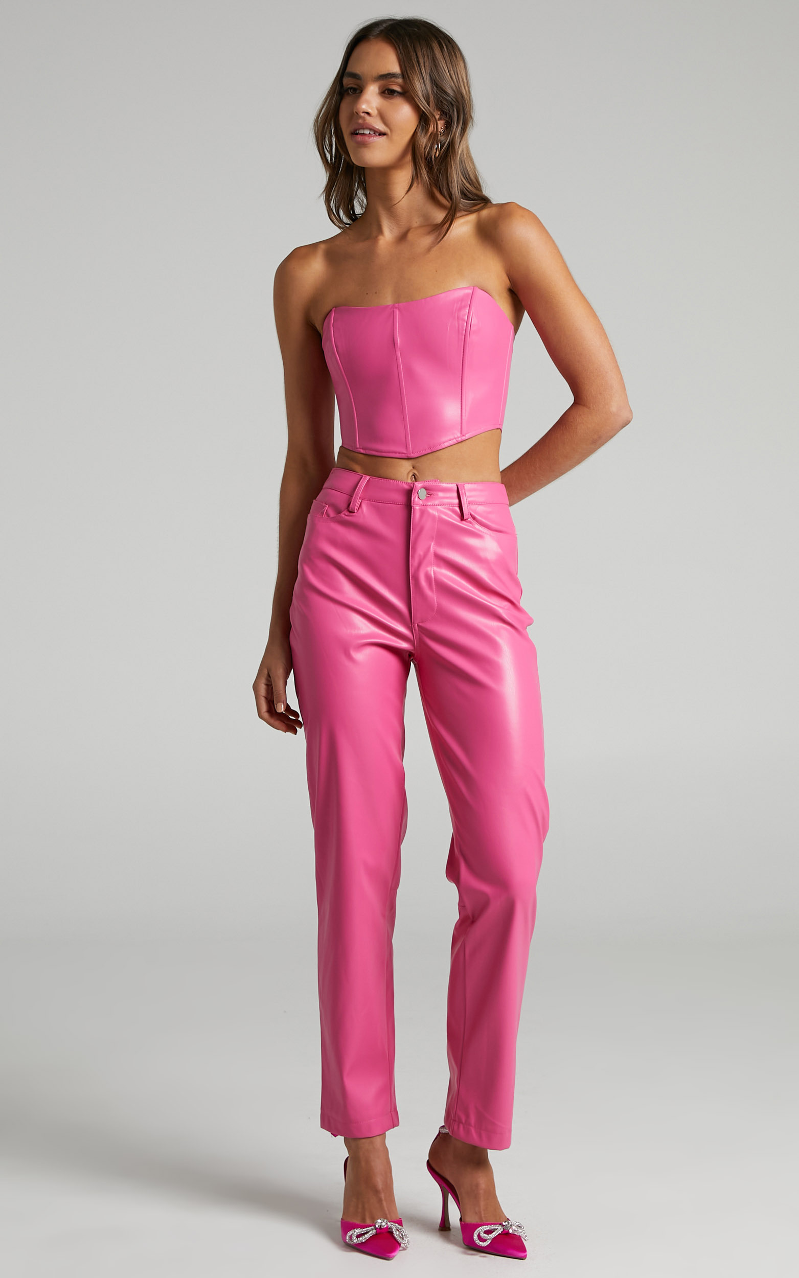 Lorrin Corset - Faux Leather Cropped Corset in Hot Pink | Showpo USA
