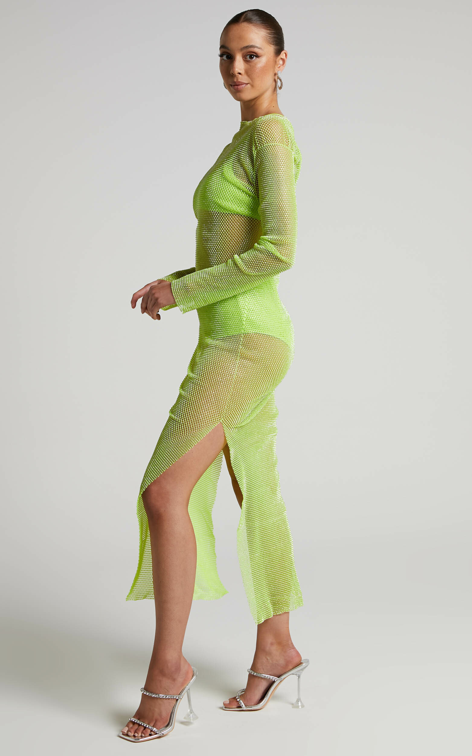 Karmen Midi Dress - Long Sleeve Split Diamante Mesh Dress in Lime - OneSize, GRN2, hi-res image number null