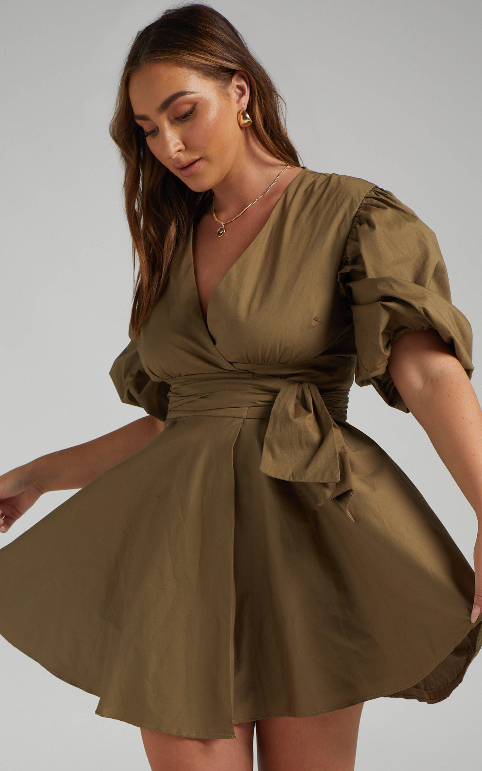 Zyla Puff Sleeve Wrap Mini Dress in Olive - 04, GRN3, hi-res image number null