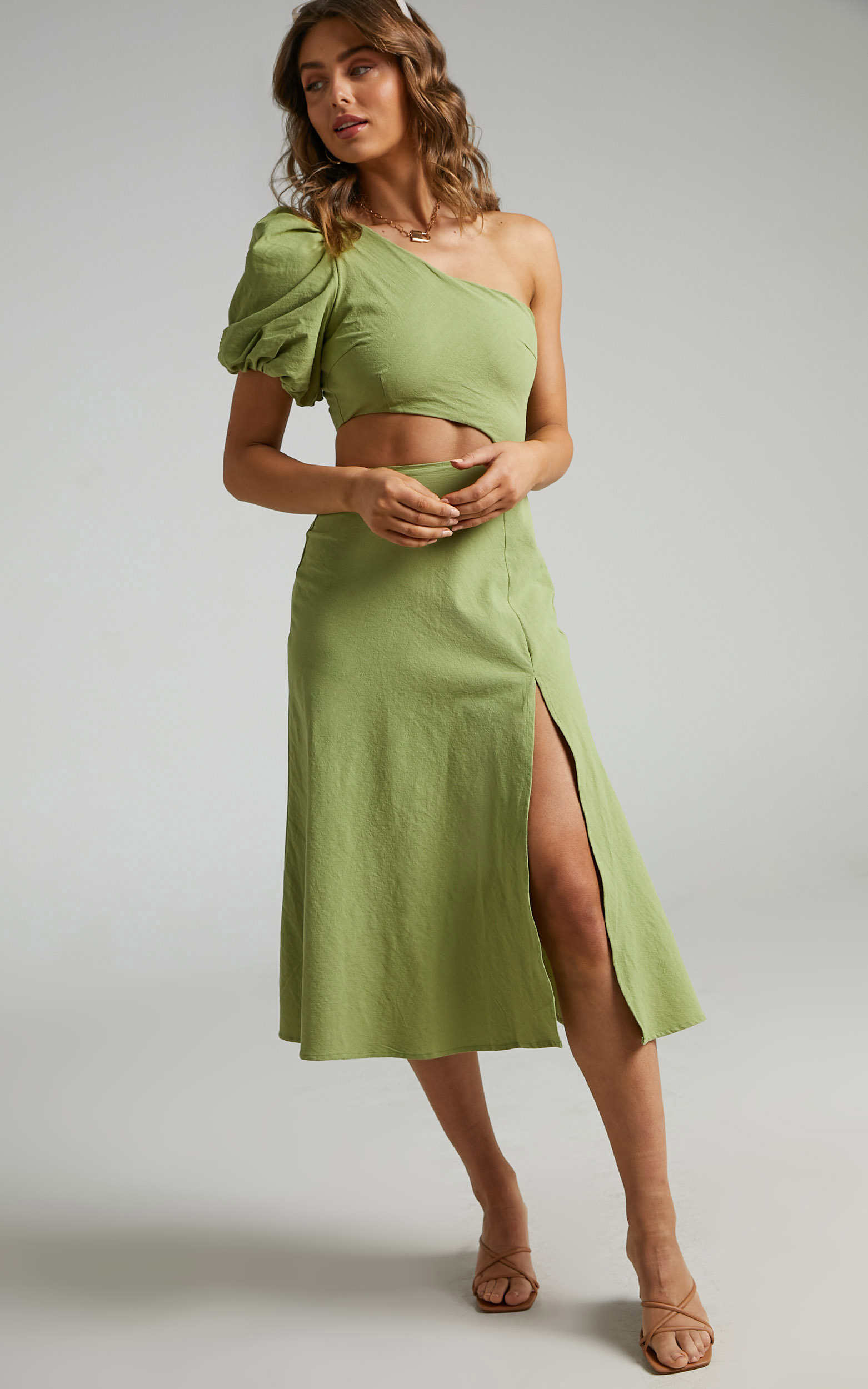 Marcia One Shoulder Midi Dress with Side Cut Out in Green Linen Look - 04, GRN3, hi-res image number null