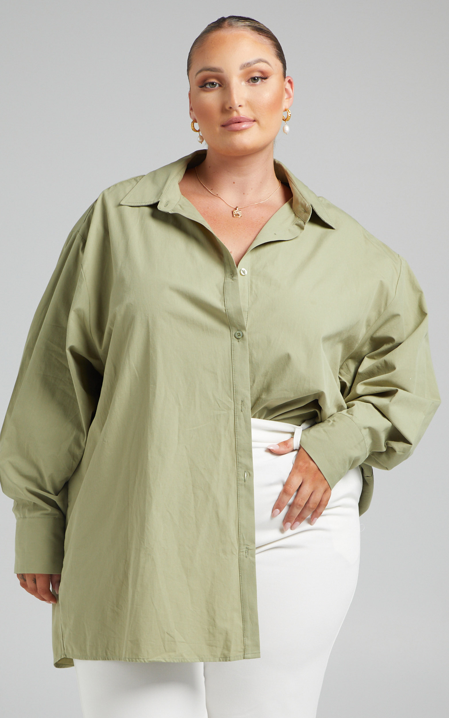 Harriet Oversized Long Sleeve Button Up Shirt in Washed Khaki - 06, GRN3, hi-res image number null