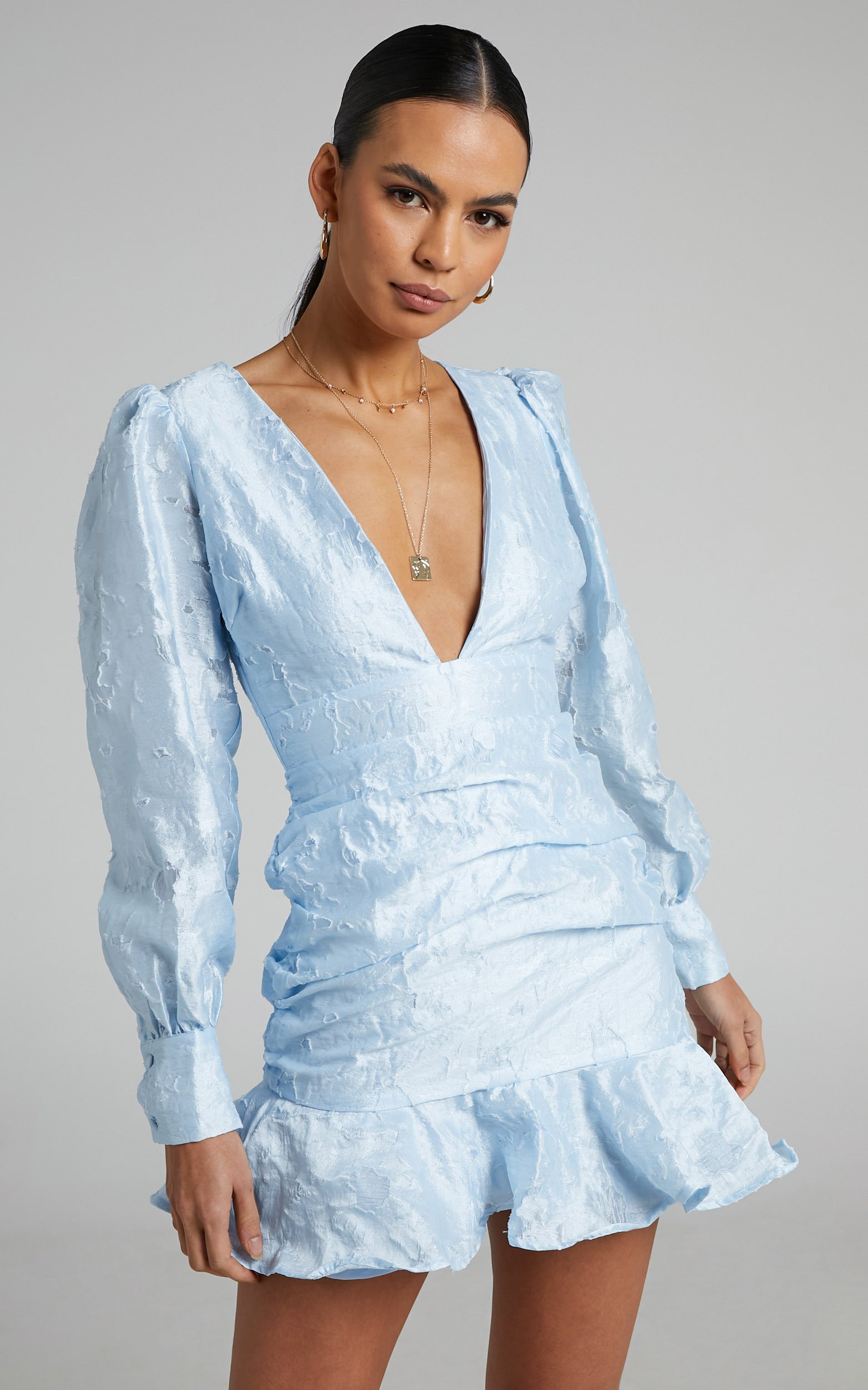 Baxia Textured Balloon Sleeve Mini Dress in Light Blue - 04, BLU1, hi-res image number null
