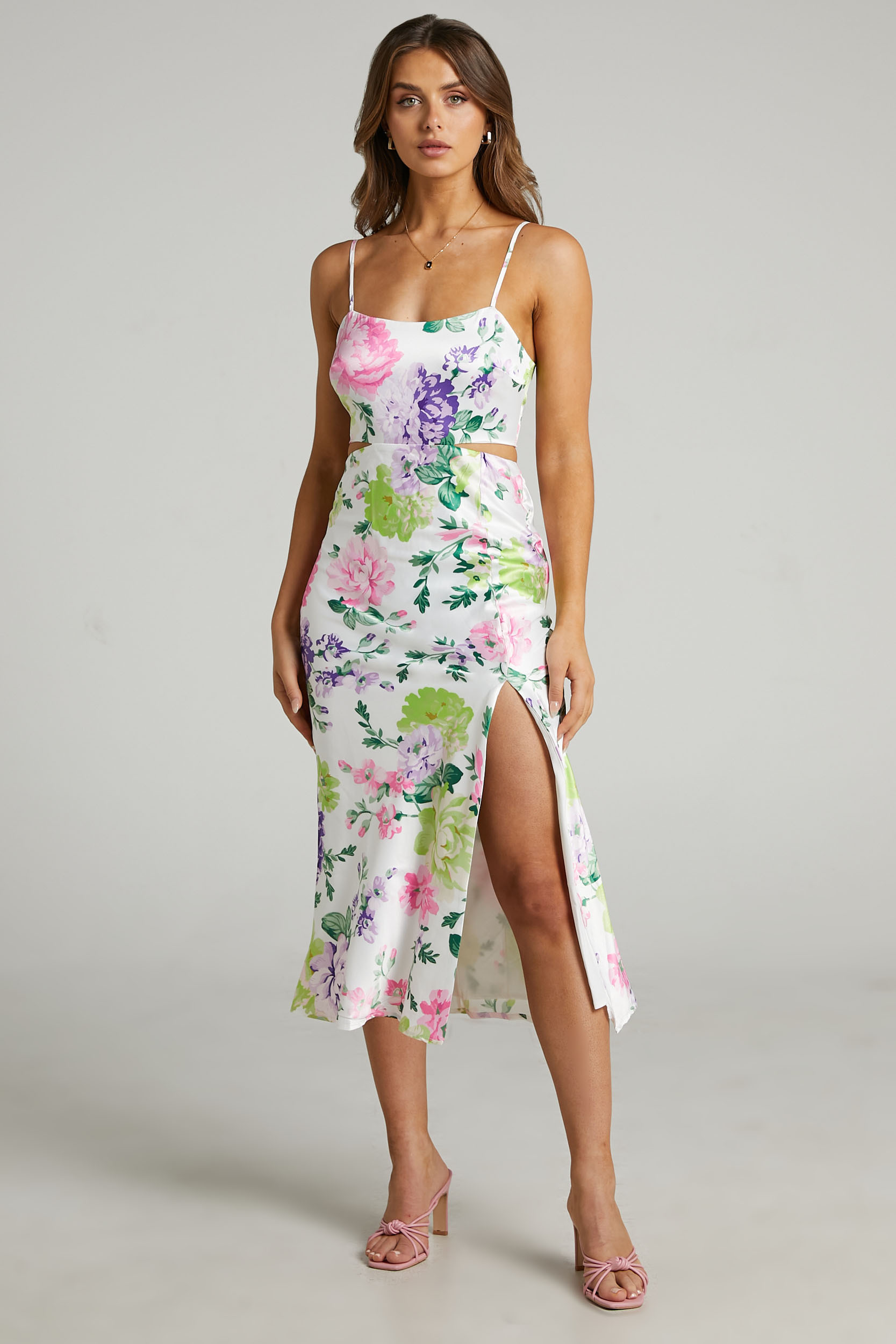 Kerstine Slip Cut Out Midi Dress in Neon Floral - 04, WHT1, hi-res image number null