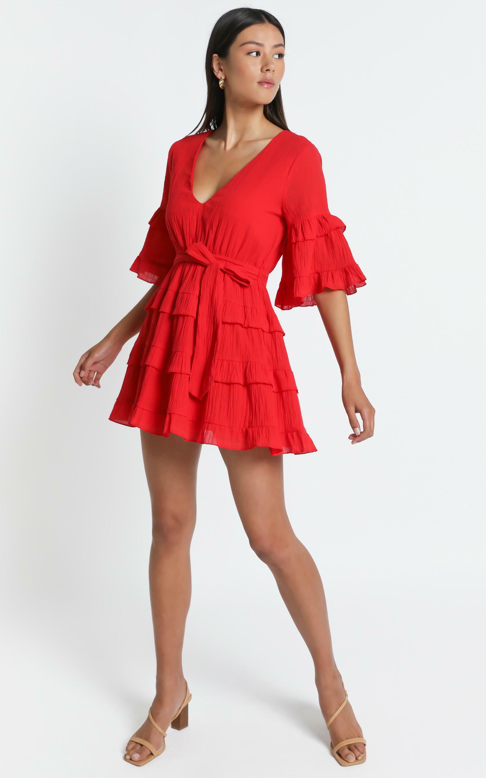 Meet Me In The Sun Tie Waist Tiered Mini Dress in Red - 20, RED5, hi-res image number null