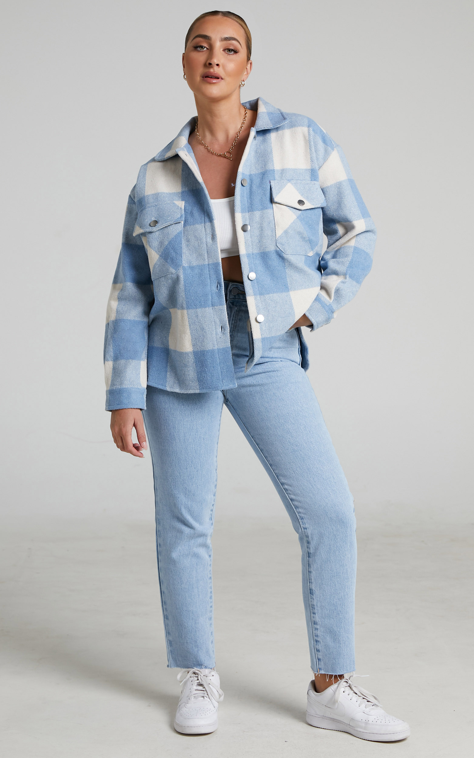 Bianca Oversized Check Shacket in Powder Blue and White - XS, BLU1, hi-res image number null