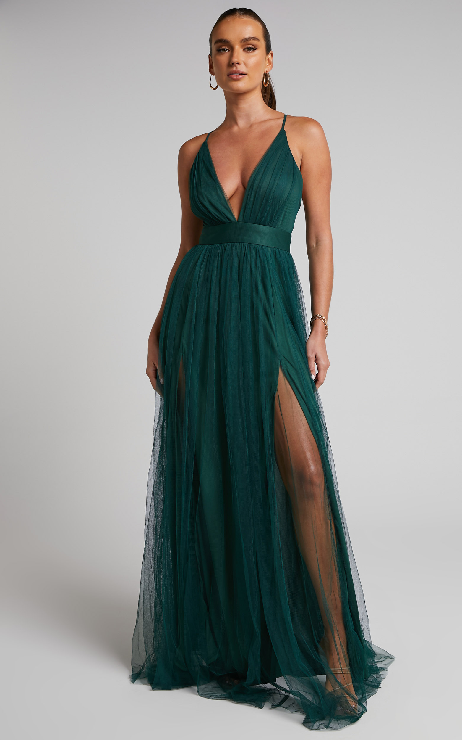Celebrate Tonight Maxi Dress - Plunge Neck Tulle Dress in Hunter Green - L, GRN2, hi-res image number null