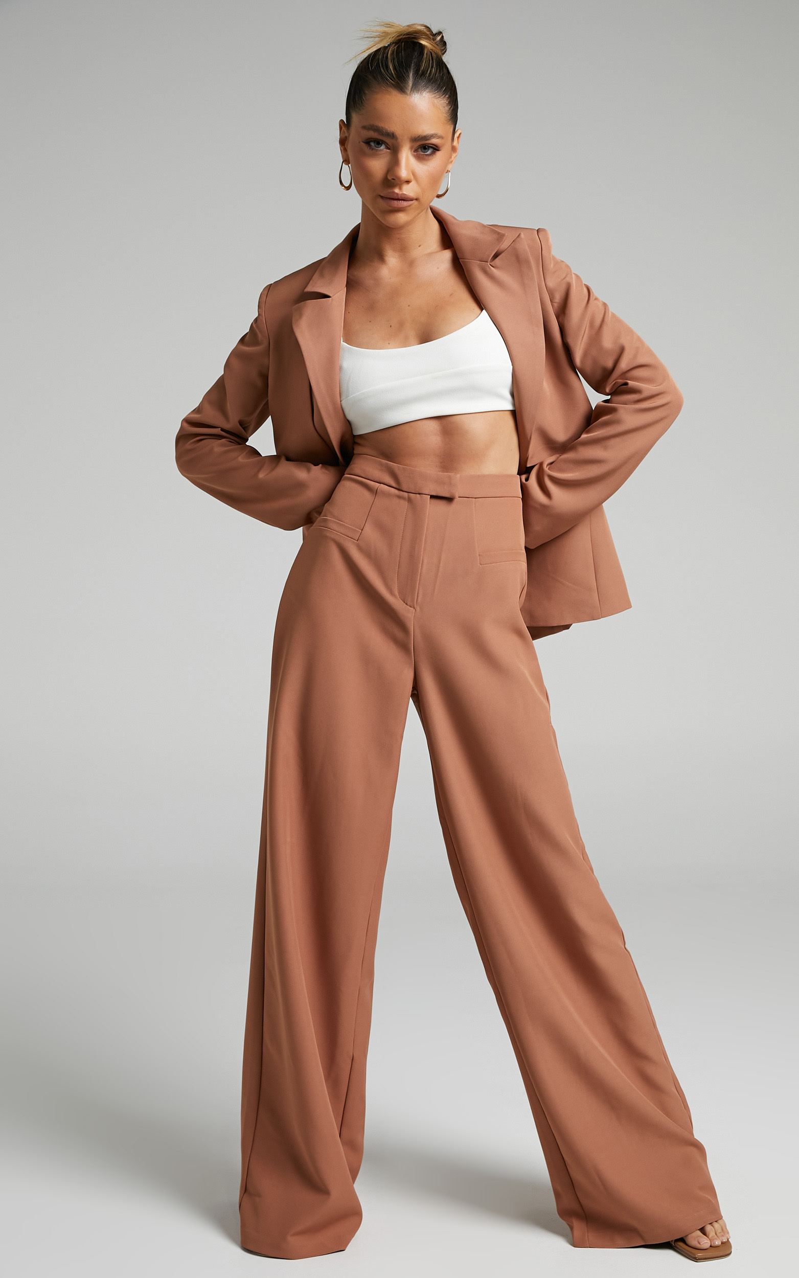 Jaxine - High Waisted Tailored Wide Leg Trousers in Chestnut - 04, BRN1, hi-res image number null