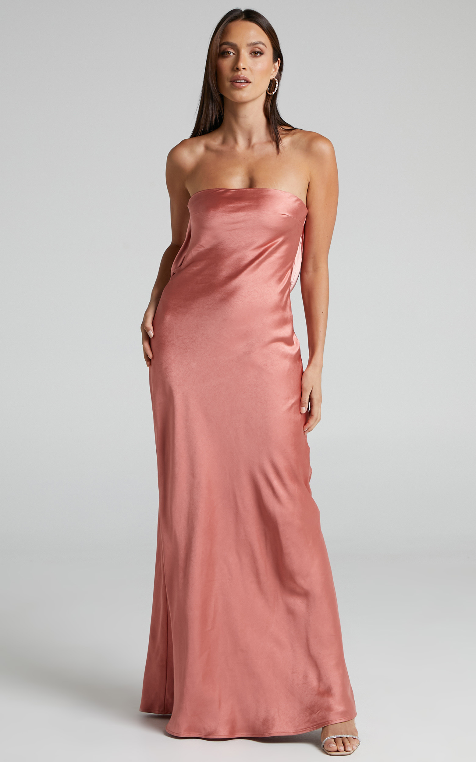 Charlita Strapless Cowl Back Satin Maxi Dress in Peach - 06, ORG1, hi-res image number null