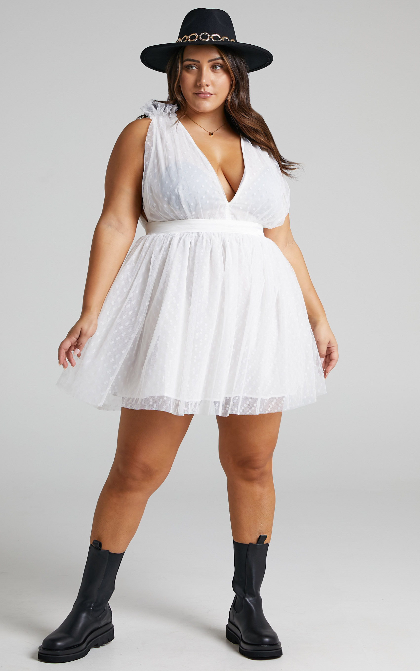 Mariabella Plunge Tulle Mini Dress in White - 04, WHT1, hi-res image number null