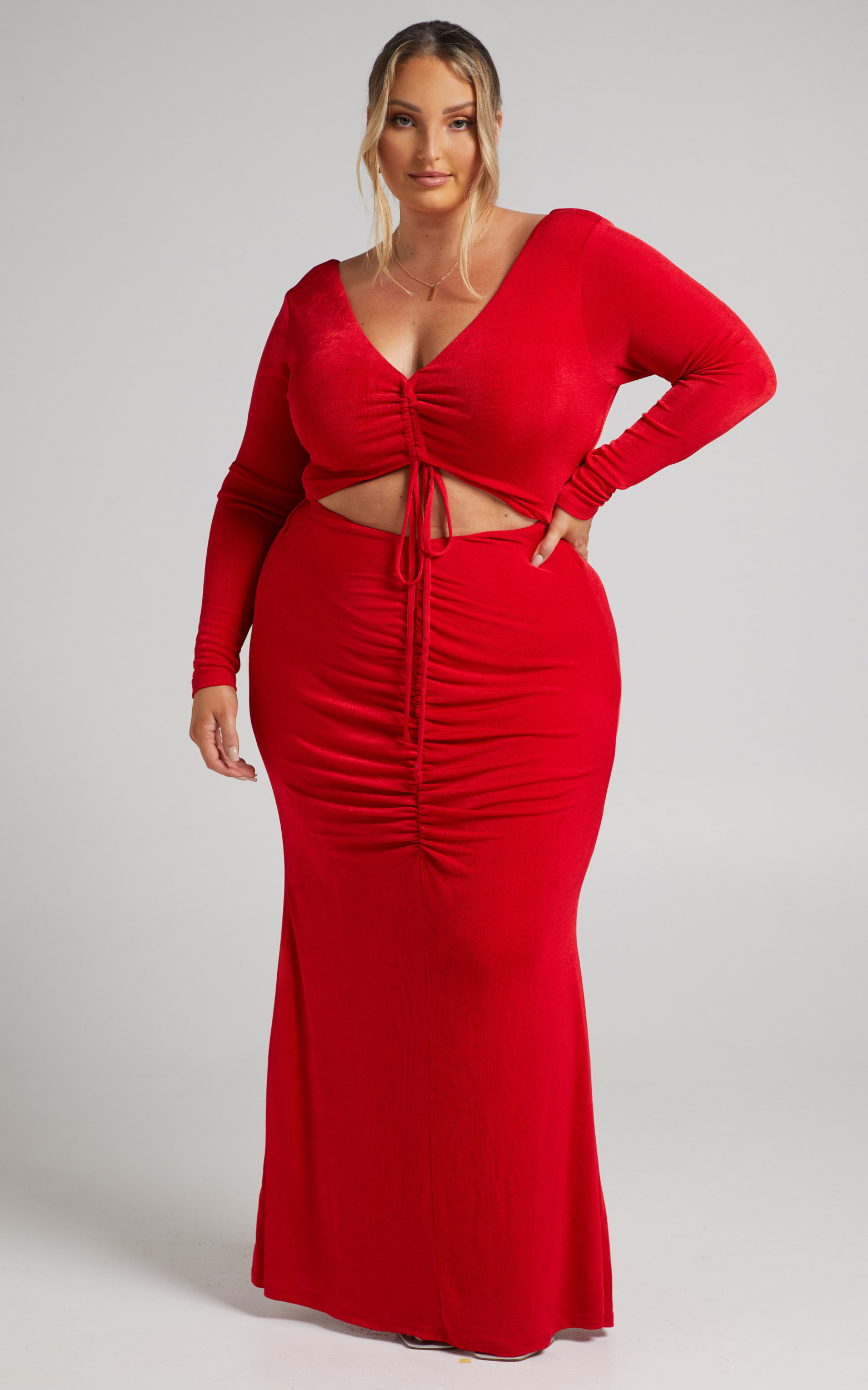 Lina long sleeve maxi dress with cut out in Red - 04, RED2, hi-res image number null