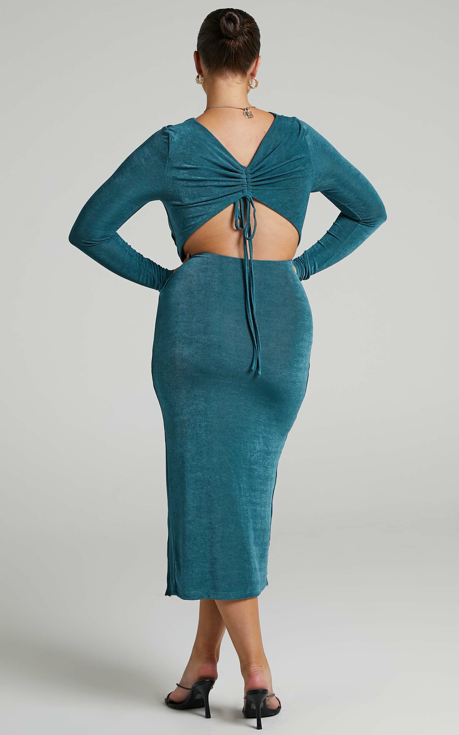 Eulalia Drawstring Open Back Midi Dress in Forest Green - 06, GRN1, hi-res image number null